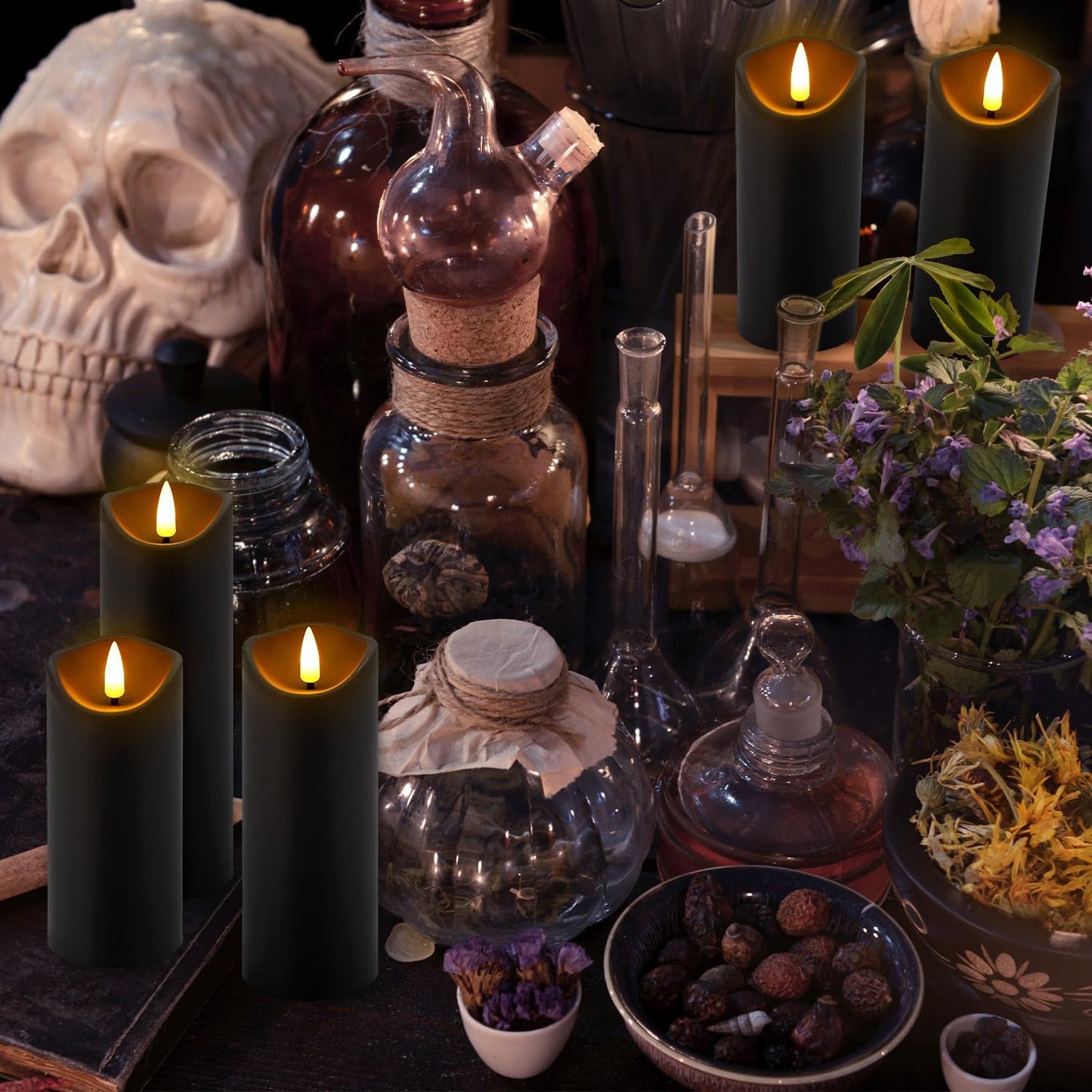 YOROXRG 12 Pack Halloween Decoration Flickering Flameless Candles, Battery Operated LED Pillar Candles with Remote
