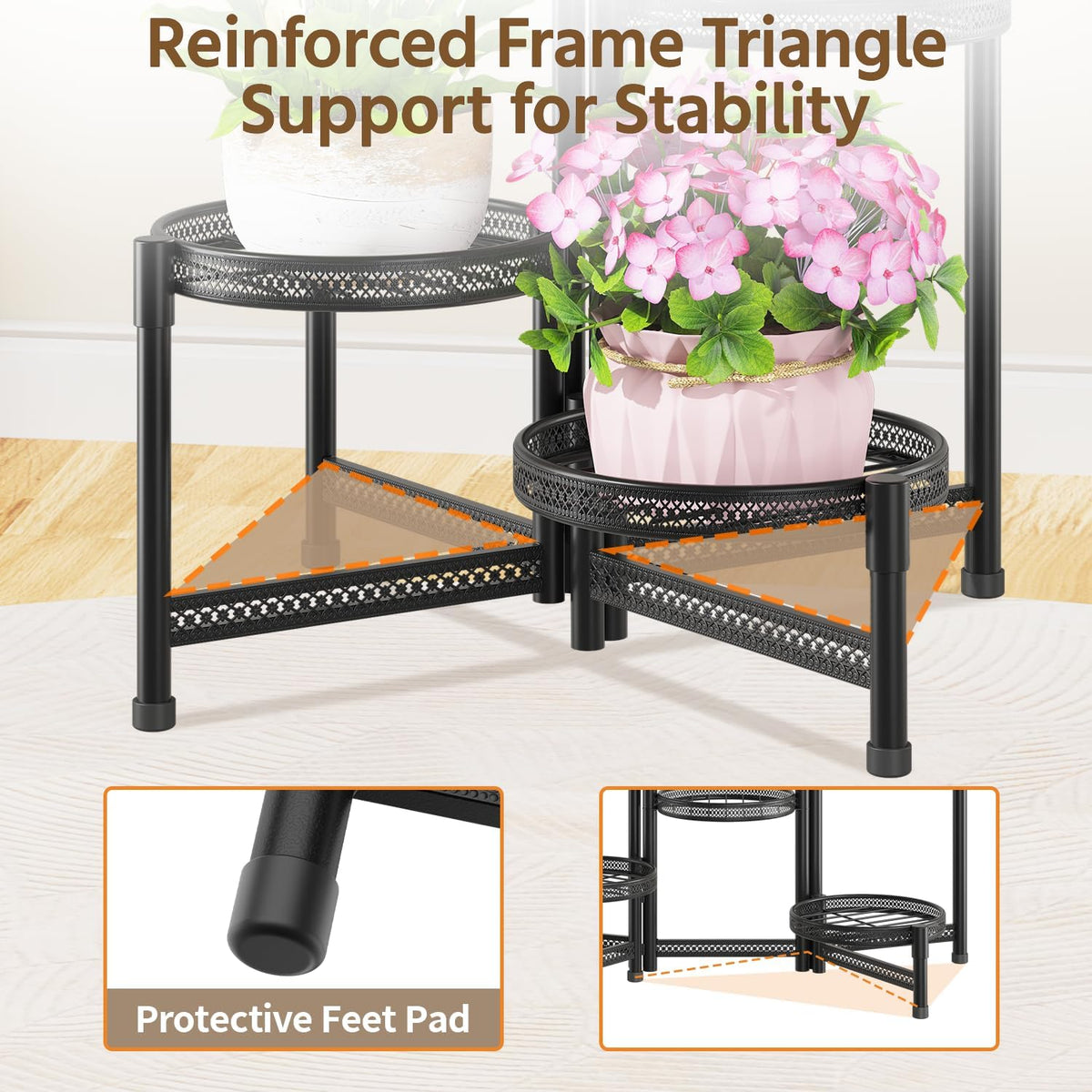 LASZOLA Plant Stand Indoor Outdoor Tall with 10 Inch Larger Tray, Black | 5 Tier Heavy Duty Metal Folding Adjustable