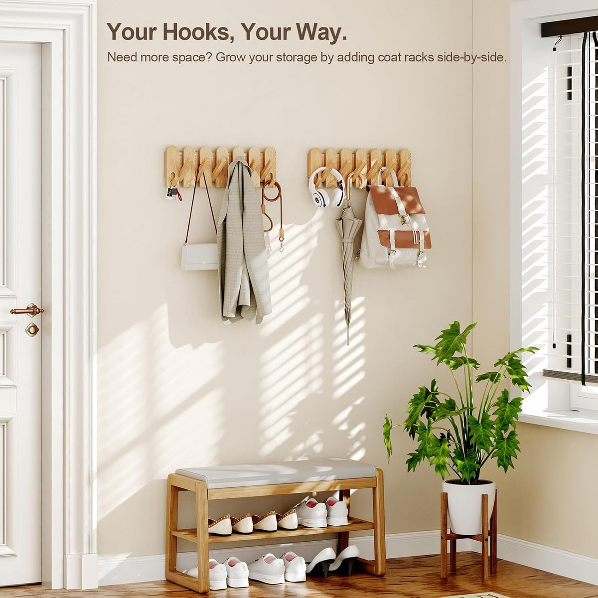 Solid Walnut Coat Rack Wall Mount, 16.5" Wood Wall Mounted Coat Rack with 8 Retractable Hangers,Heavy Duty Wooden Coat