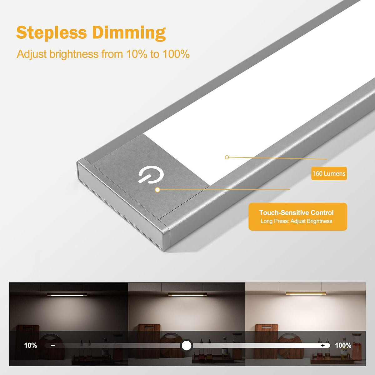 V4light Motion Sensor Cabinet Light, Rechargeable, Dimmable, 2Pcs, 9in | Silver aluminum, magnetic wireless, 1800mAh, 3