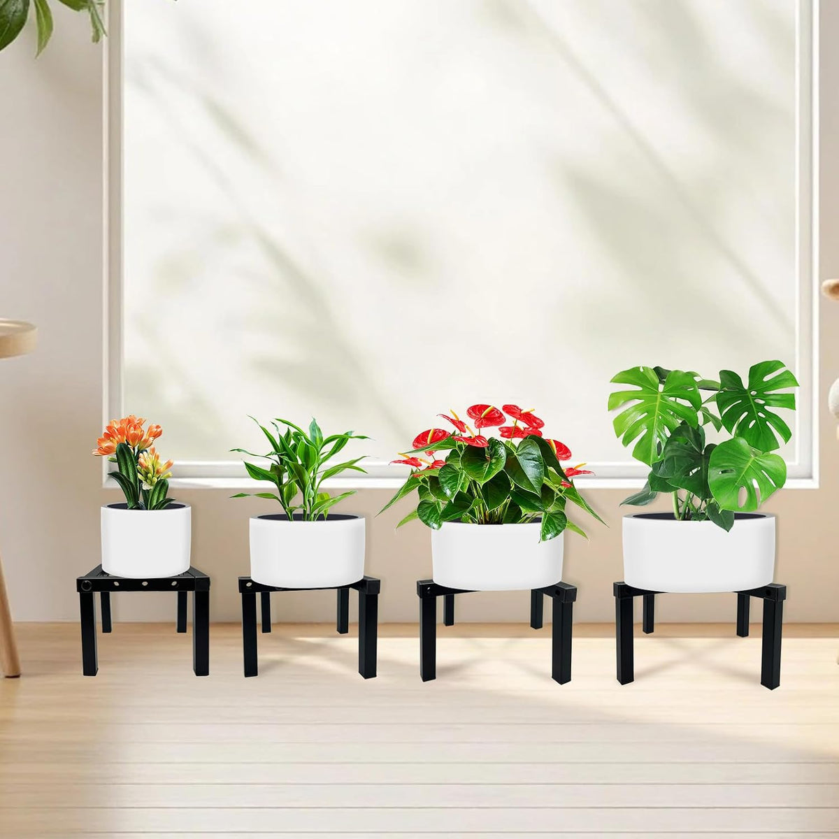 4 Pcs Four Legs Adjustable Metal Plant Stand for 5"-10" Plant Pot – Indoor & Outdoor (Black, 4 Pack)