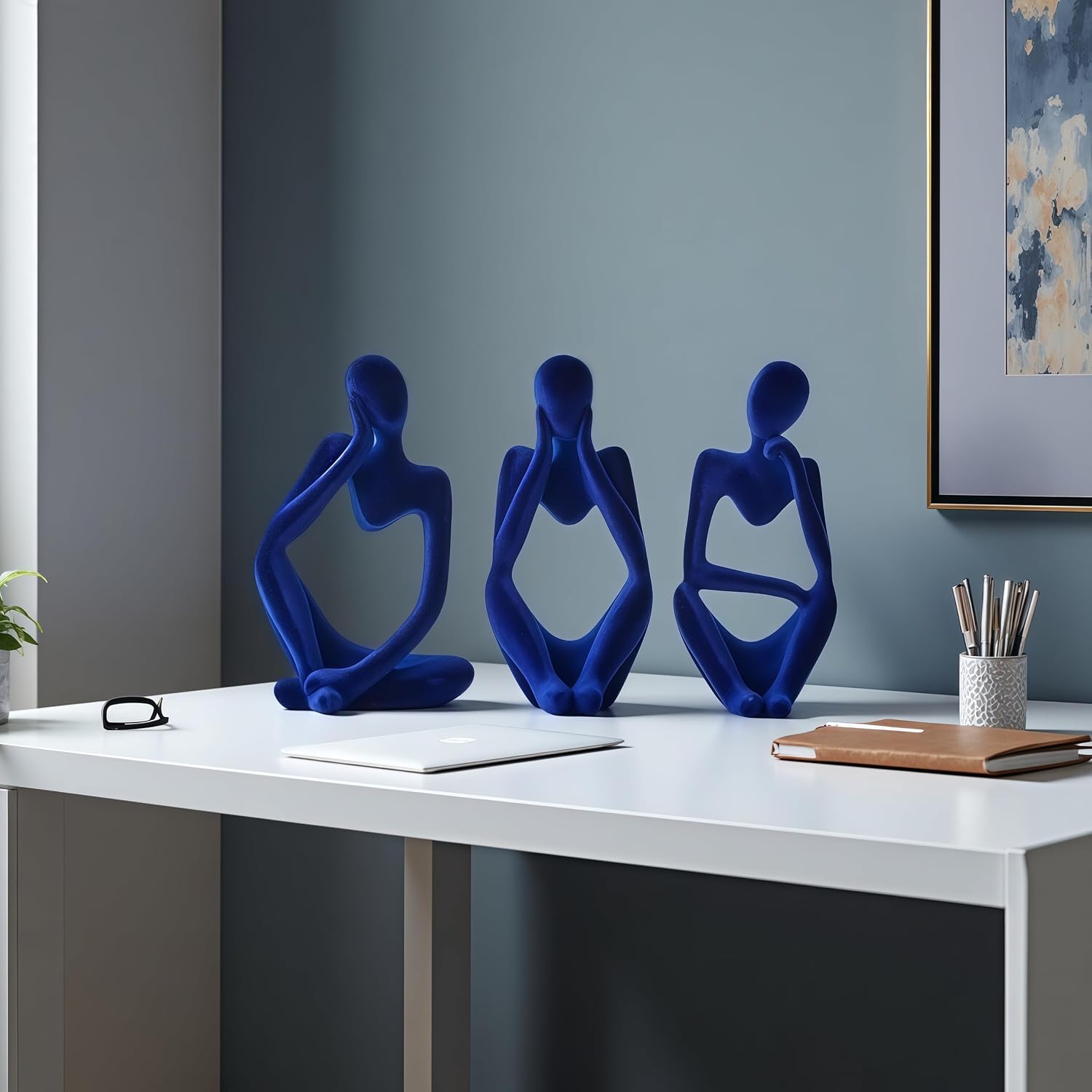 Thinker Statue Home Decor-Bookshelf & Living Room&Mantel-Collectible / Flocking Blue / Set of 3