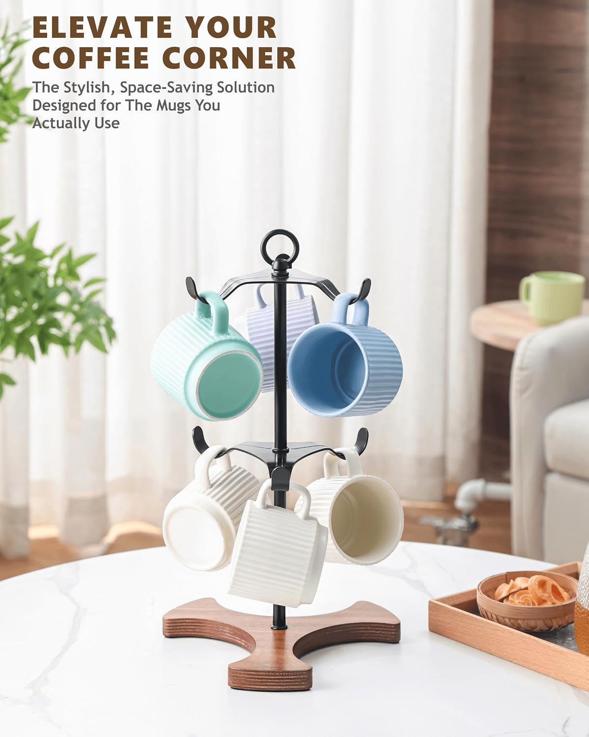 Mug Holder Tree for Countertop | 2-Tier Coffee Cup Stand & Rack Holds 6 Large Mugs, 5oz to 20oz | Space-Saving Mug