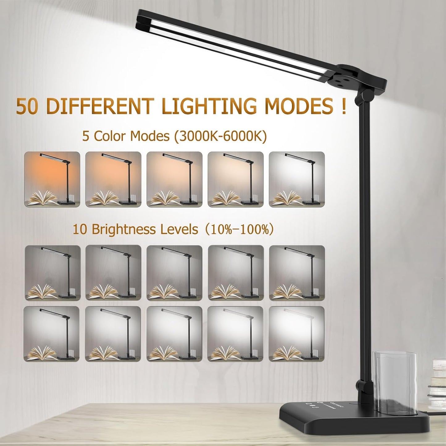 Dimmable LED Desk Lamp with USB Charging Port, 50 Lighting Modes Dual Swing Arm Architect Table Lamp Light Desk Lamp