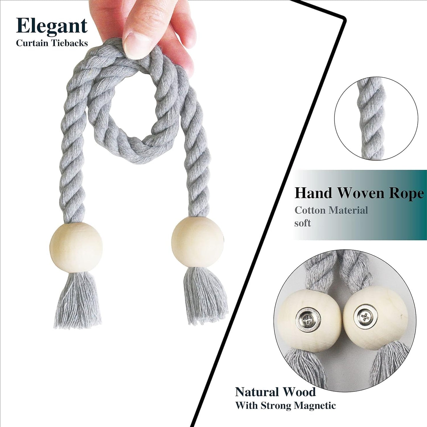 Magnetic Curtain Tiebacks Decorative Tie Back Drapes Holdbacks Nieffeiy | 6 Pack Grey Cotton Hand Woven Rope Curtain