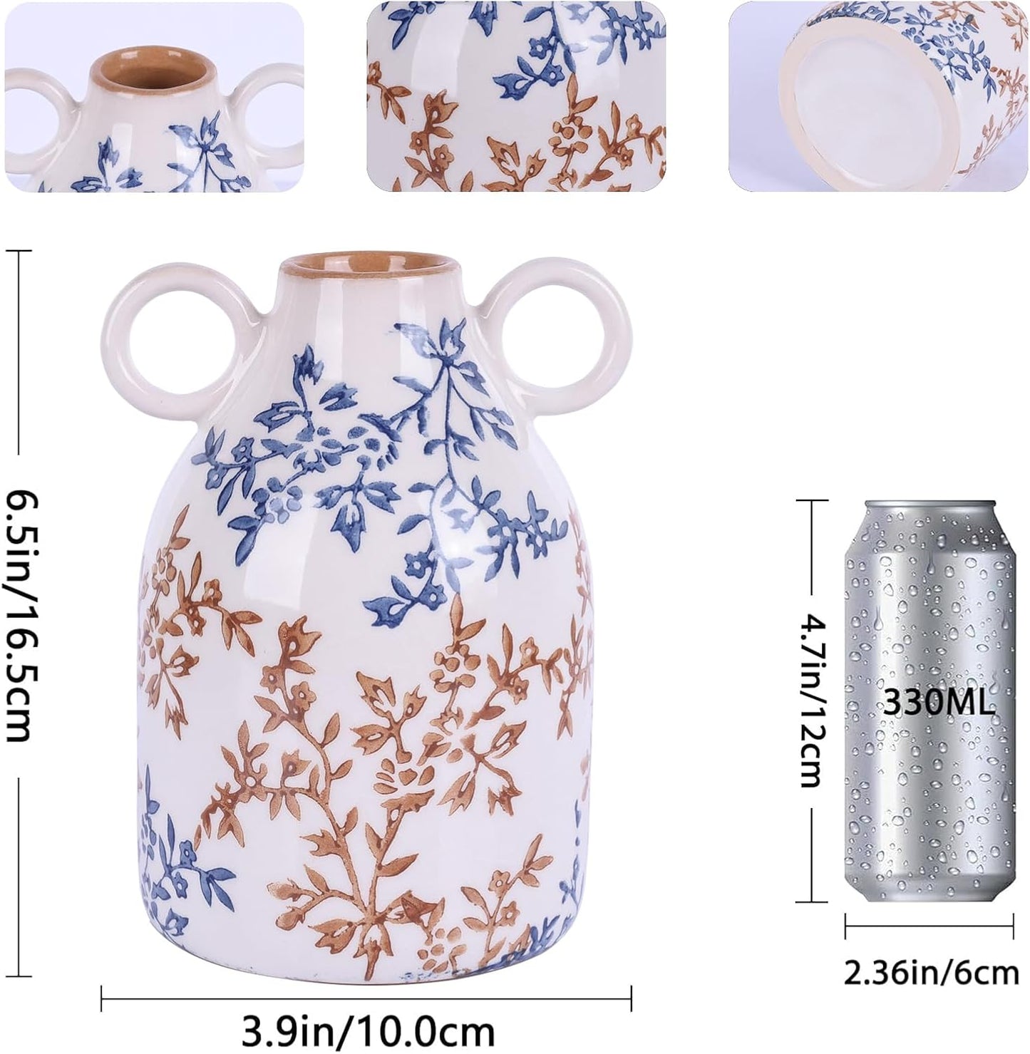 Ceramic Vase / Nordic Boho Small Vases Side Table Flower Centerpiece / Blue Floral