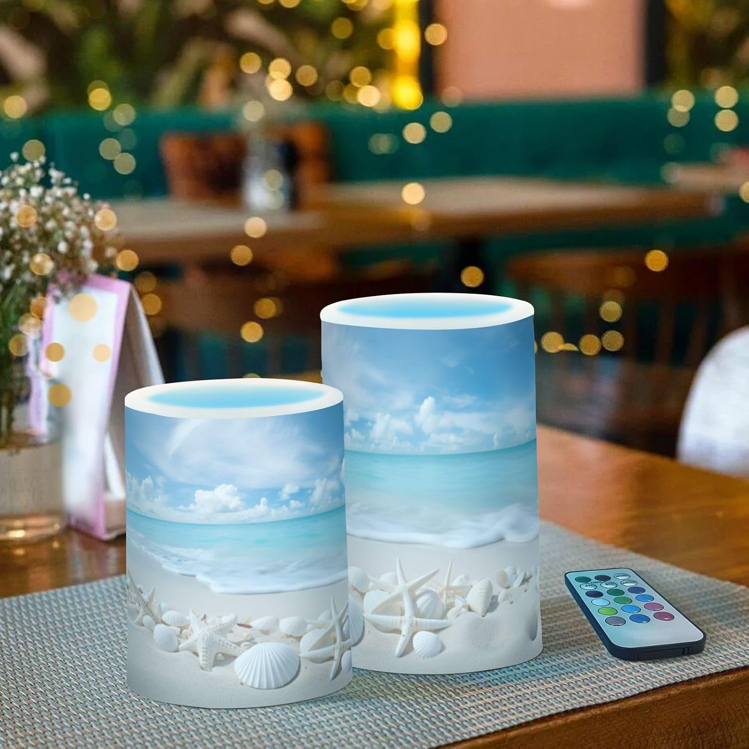 Flickering Flameless Candles, Starfishes Seashells Beach Blue Sky LED Candles with Remote Timer, Set of 2 Battery