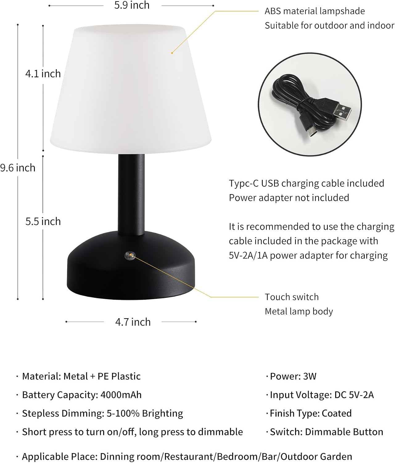 KDG Black Cordless Small Table Lamp, Portable LED Dimmable Desk Lamp | Modern 4000mAh Rechargeable Battery Operated
