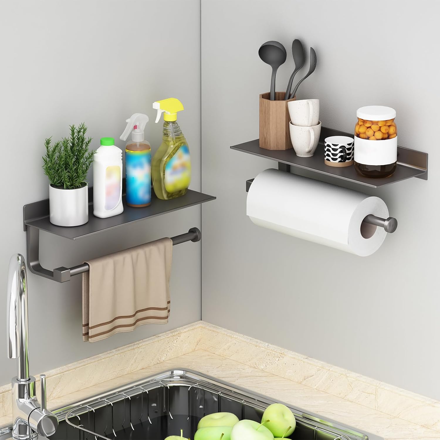 Kitchen Paper Towel Holder with Shelf Wall Mount, Adhesive Hand Towel Holder for Bathroom, Matte Grey