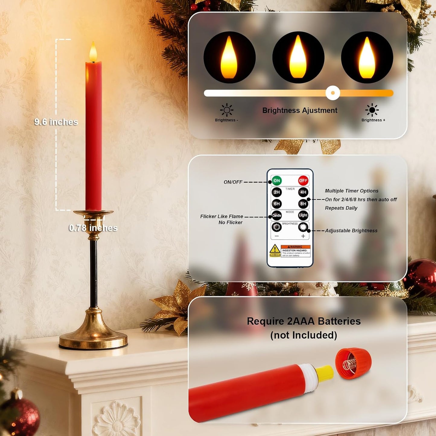 Homemory 6 Pcs Real Wax LED Red Flameless Taper Candles with Remote Timer, 9.6 Inches Fake Candlesticks, Dripless