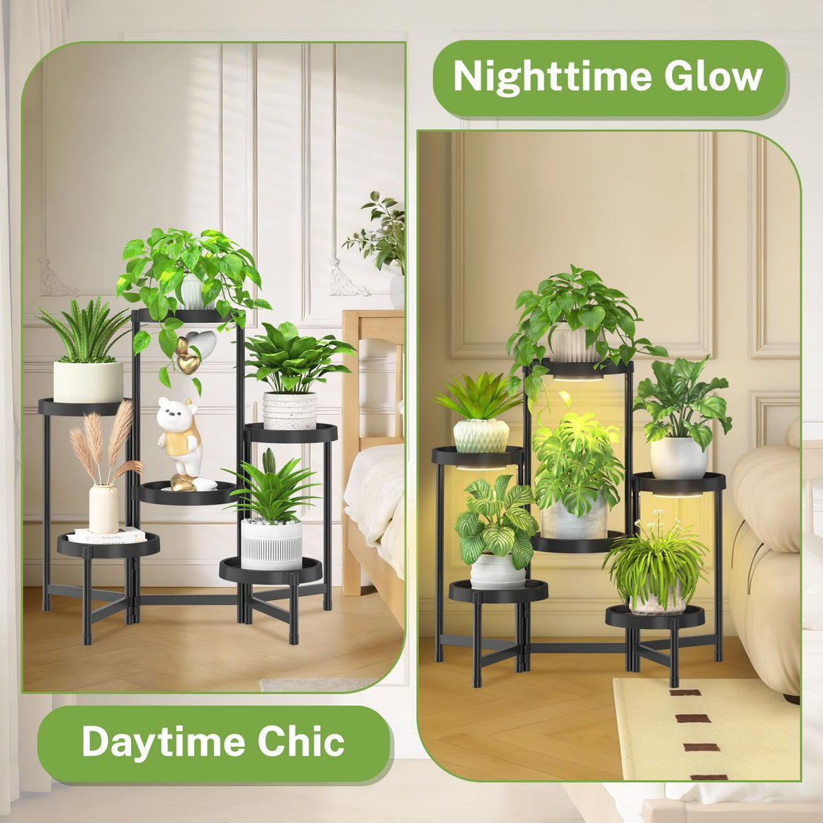 iDavosic.ly 6 Tier Folding Plastic Plant Stand Indoor, Grow Light, Black | Space Saving Tiered Corner Storage Display