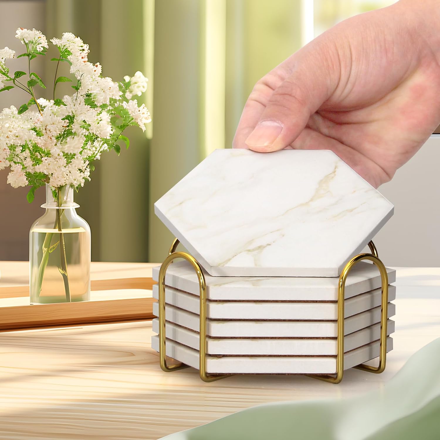 Holder Hexagon Ceramic Coasters Absorbent Coasters Drink Coasters Set for Coffee / Beige / Set of 6