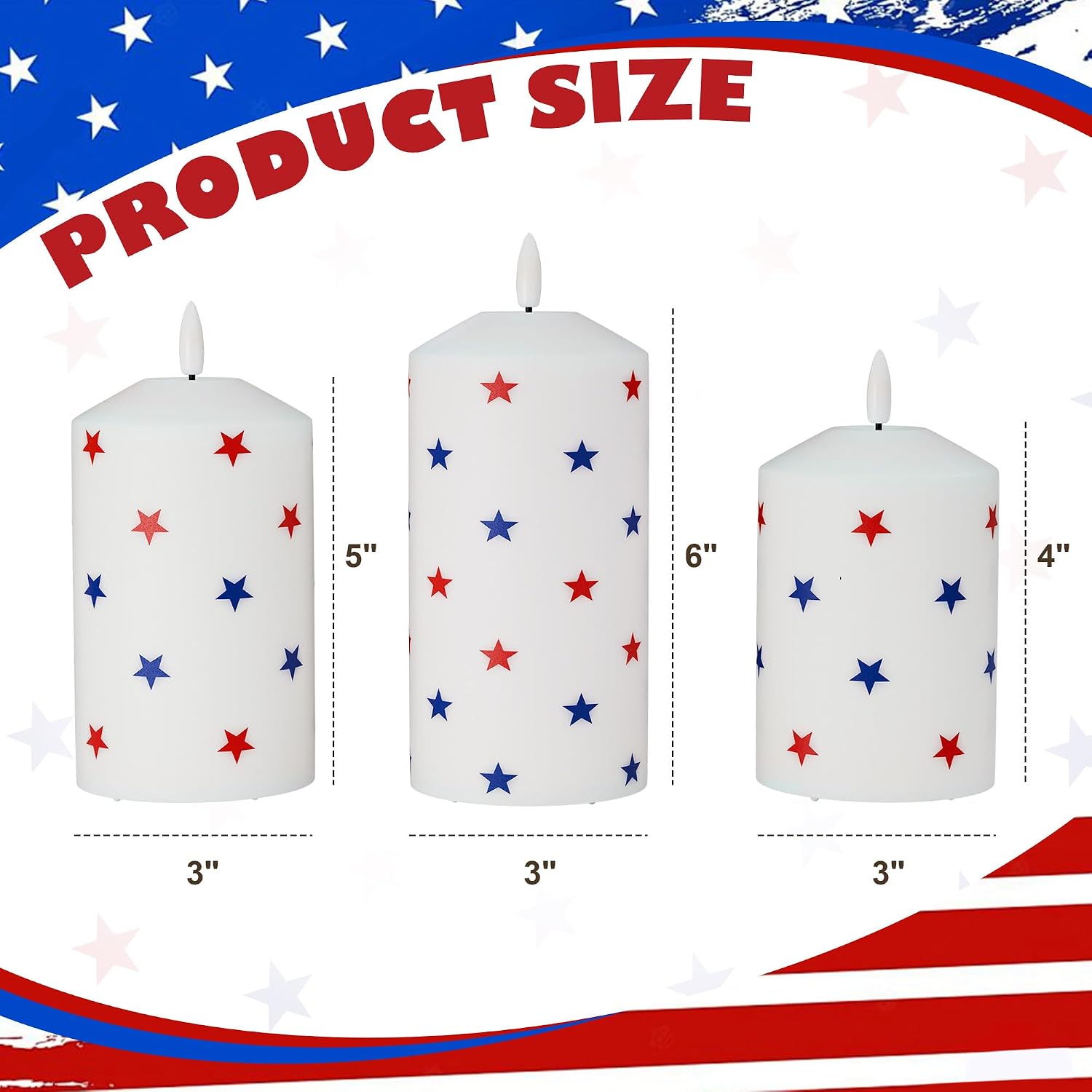 Patriotic Red White & Blue Star Candles, 4th of July LED Candles | Real Wax, Flickering Flameless Pillar Candles with