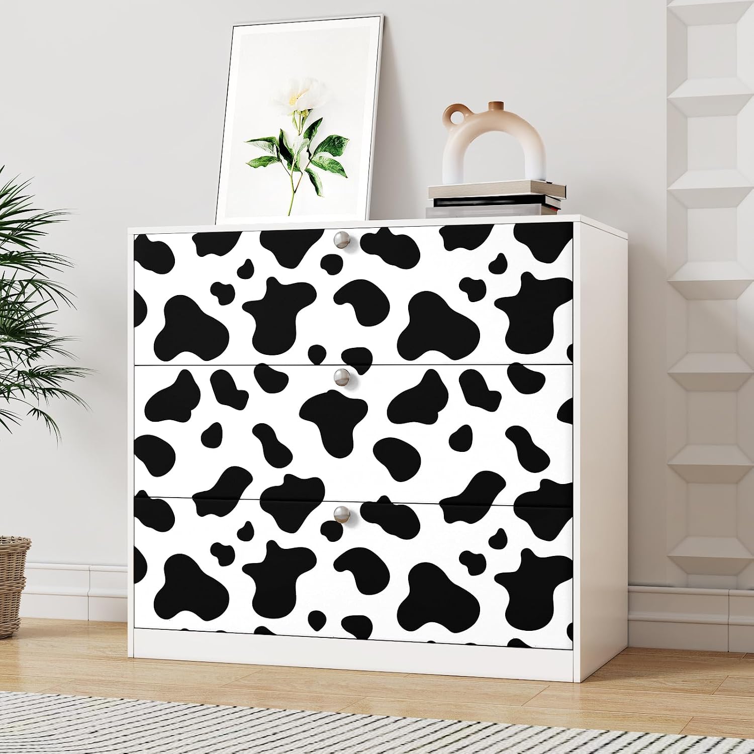 Cow Printed Peel and Stick Wallpaper and White Contact Paper / Vinyl / 17.5 x 102 / Black