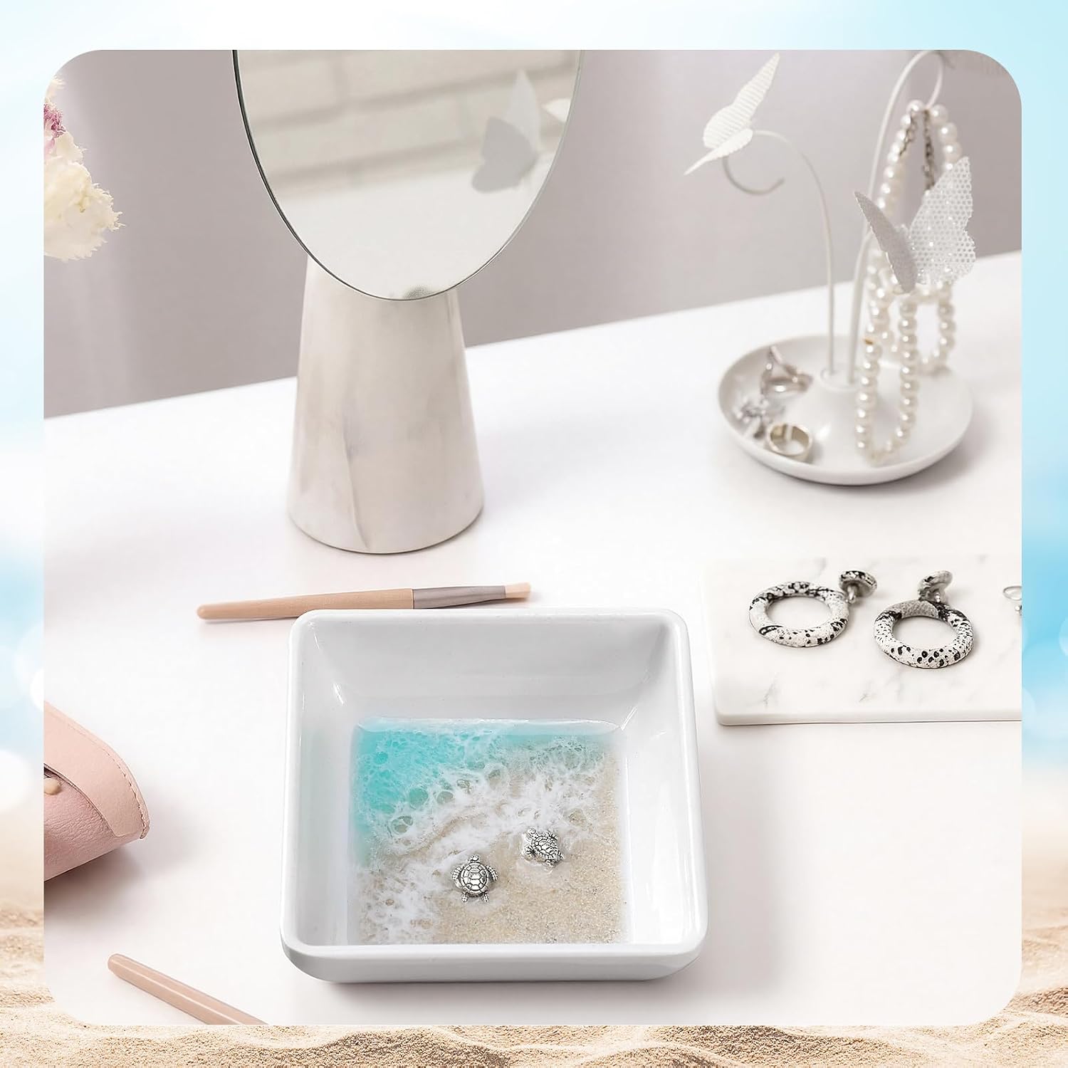 Handmade Ocean Resin Jewelry Tray Mini Turtle Square Ring Dish Jewelry Holder for Rings Earrings