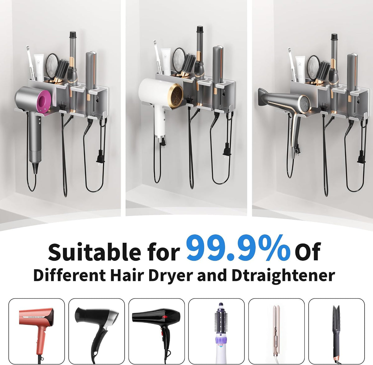 Hair Dryer Holder, Hair Tool Organizer, Blow Dryer Hanger Wall Mount for Dryer Hook, Bathroom Space-Saving Blow Dryer