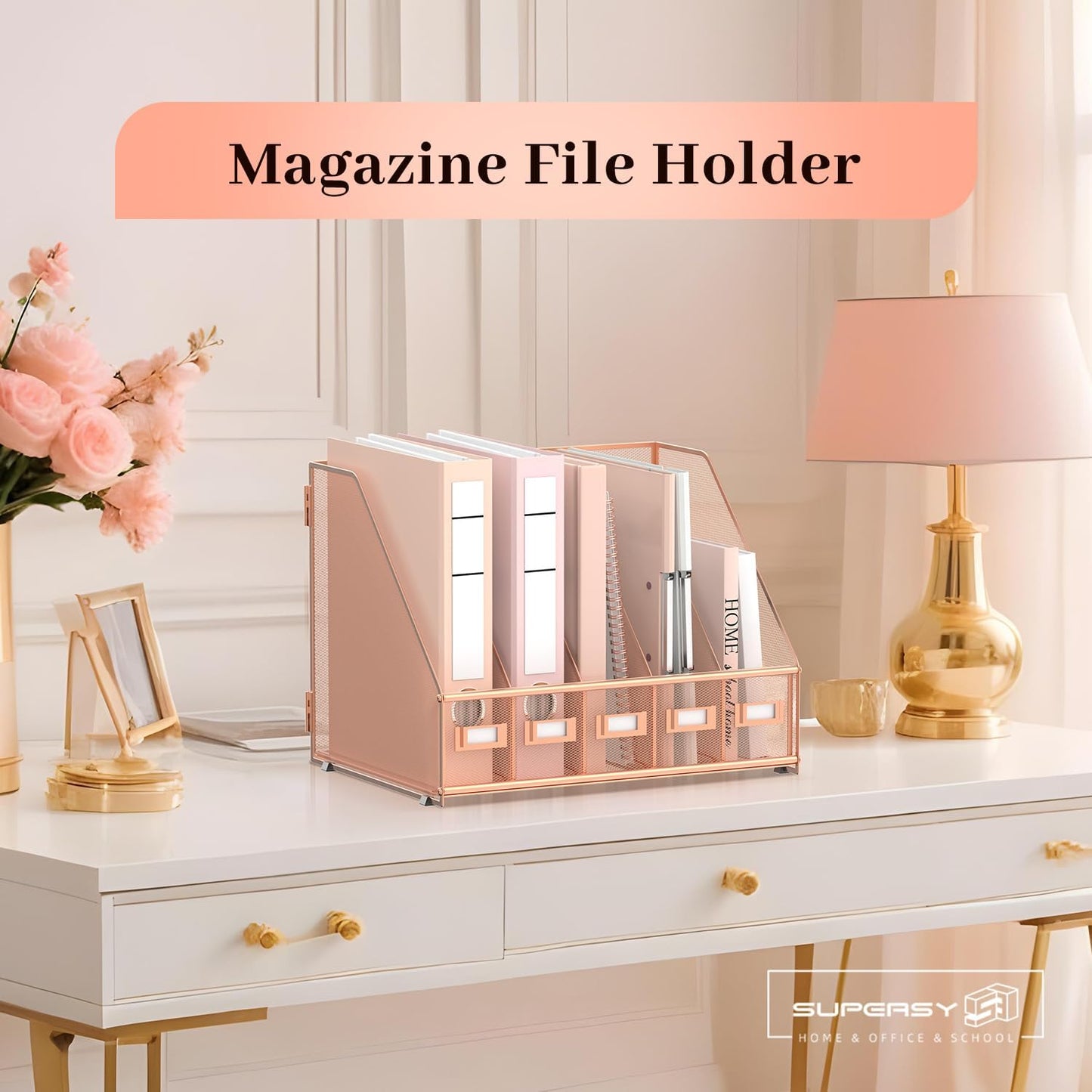 Desk Organizers Metal Desk Magazine File Holder with 5 Vertical Compartments Rack File Organizer for Office Desktop