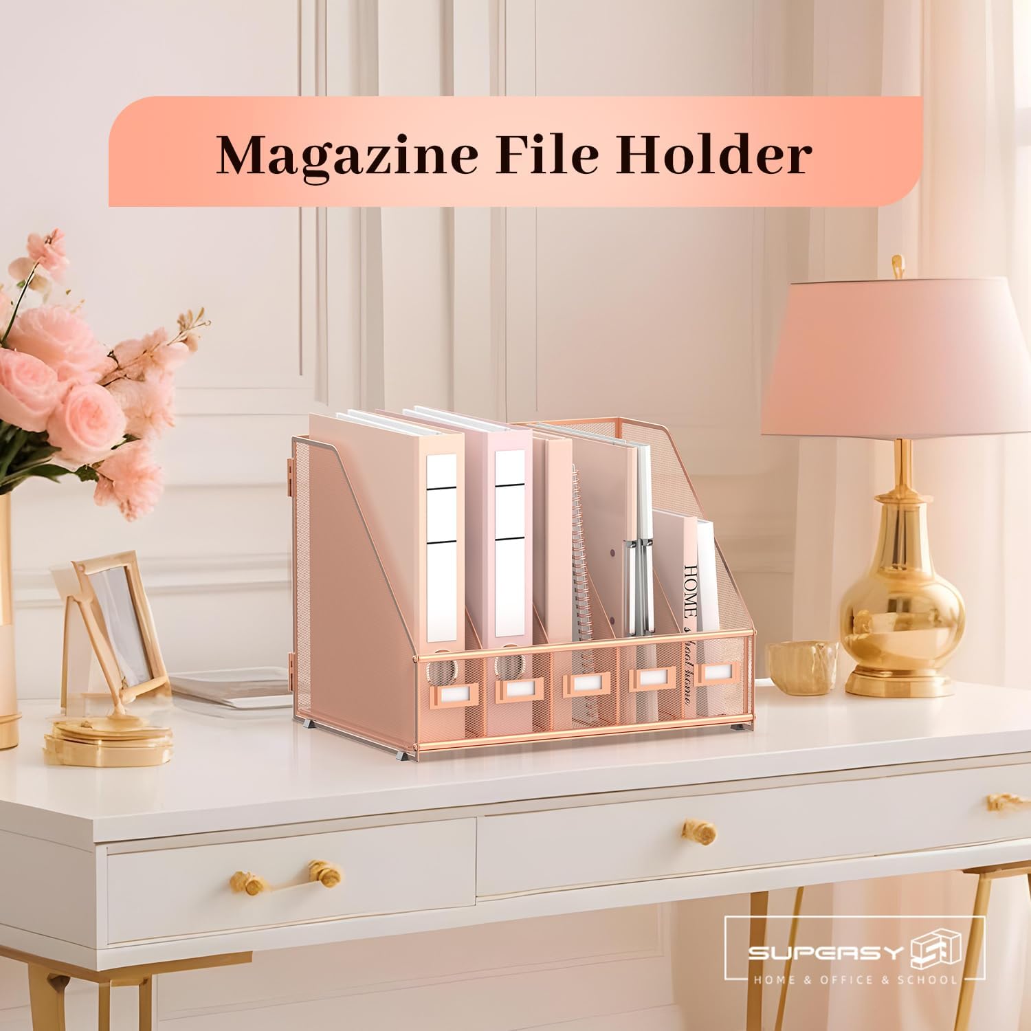 Desk Organizers Metal Desk Magazine File Holder with 5 Vertical Compartments Rack File Organizer for Office Desktop