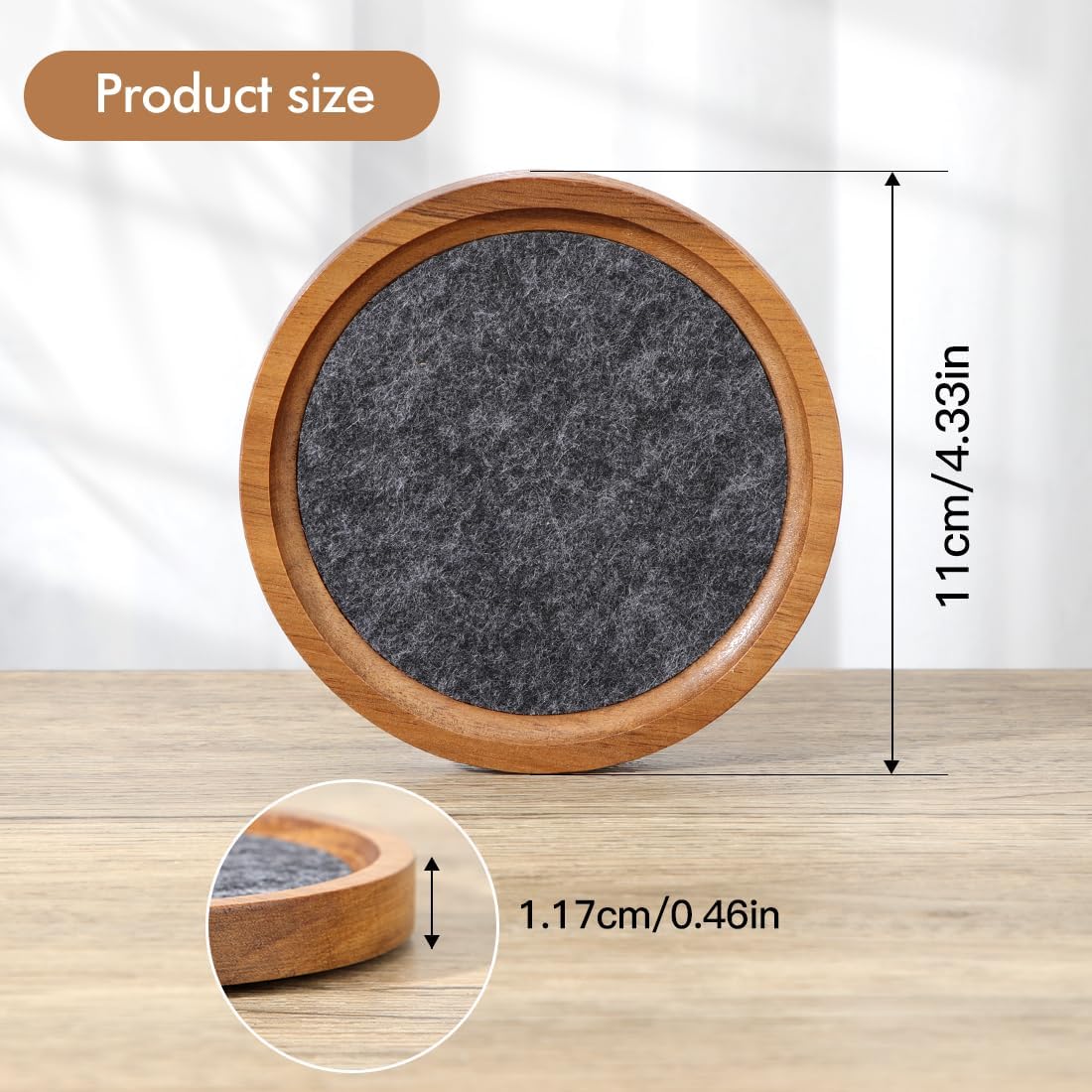 Felt Wooden Coasters / Dark Grey / 4.13 Inch / Set of 6