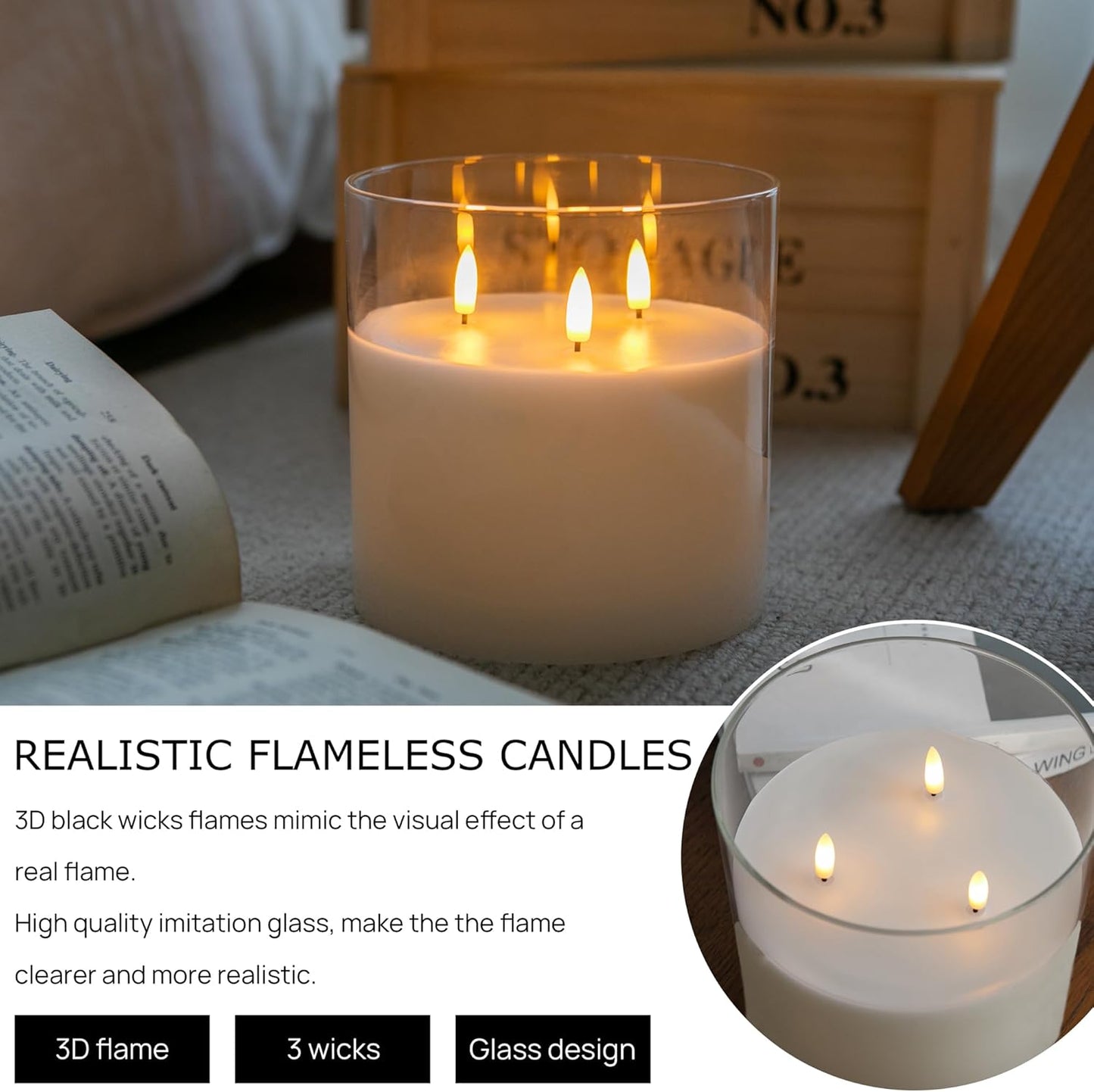 Extra Large Flameless Candles with 3 Wicks, 6"x6" Glass Battery Operated Candles with Remote, Real Wax Flickering LED