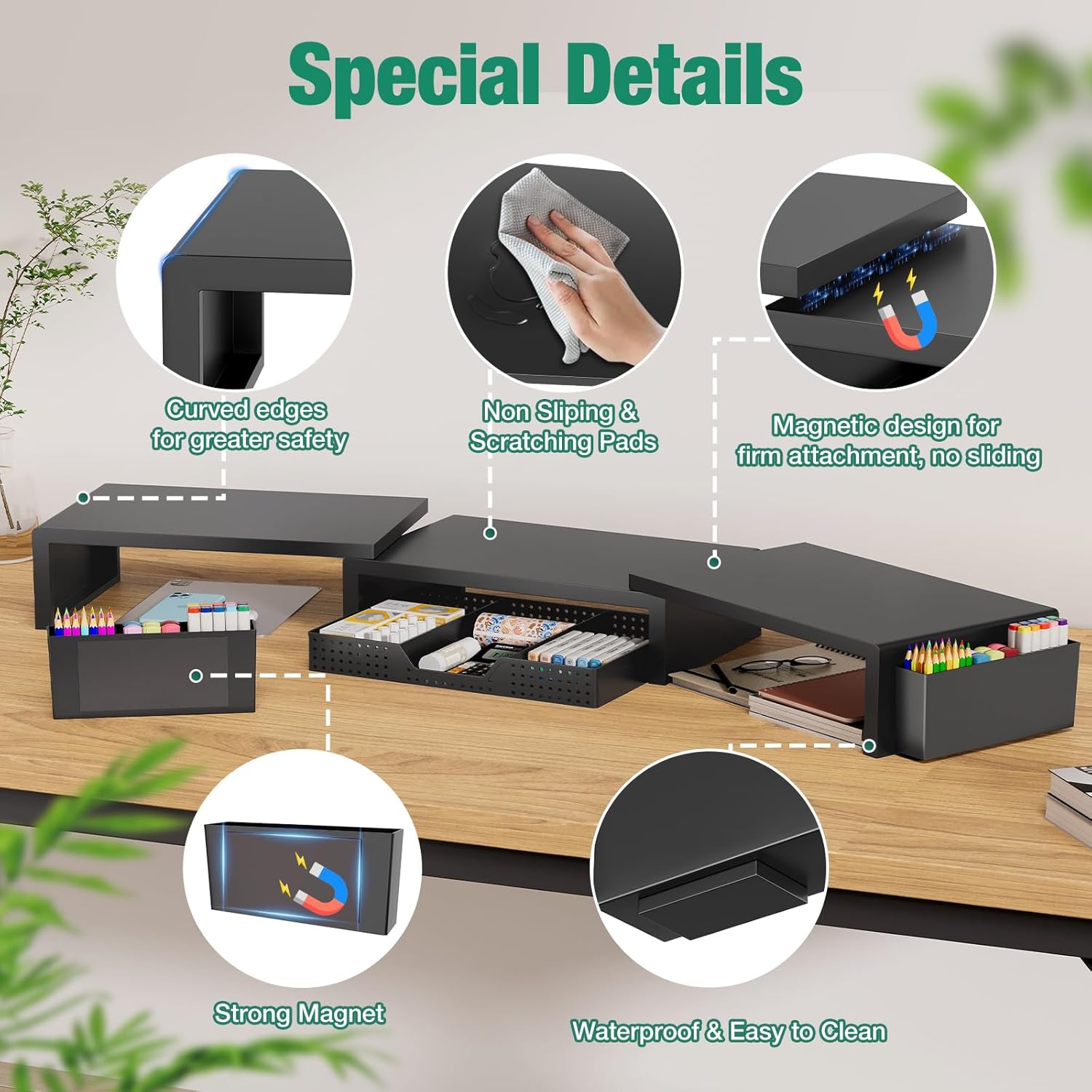 Desk Organizer and Accessories, Dual Computer Monitor Stand Riser with Drawer and 2 Pen Holders, Laptop Stand, Office