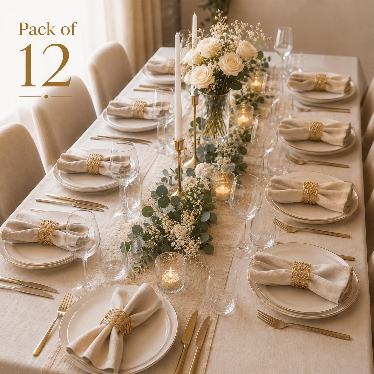 ALPHA Living HOME Gold Napkin Rings 12 Set of Premium 100% Metal, Rust-Resistant Tabletop Décor - Napkin Holders