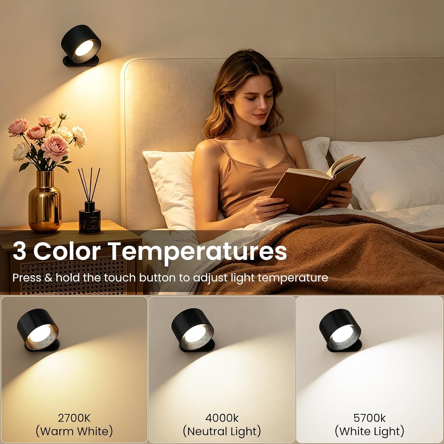 Koopala 2PCS Rechargeable Battery Operated LED Wall Lamps, Wall Mounted Lights with 3 Brightness 3 Color Temp Removable