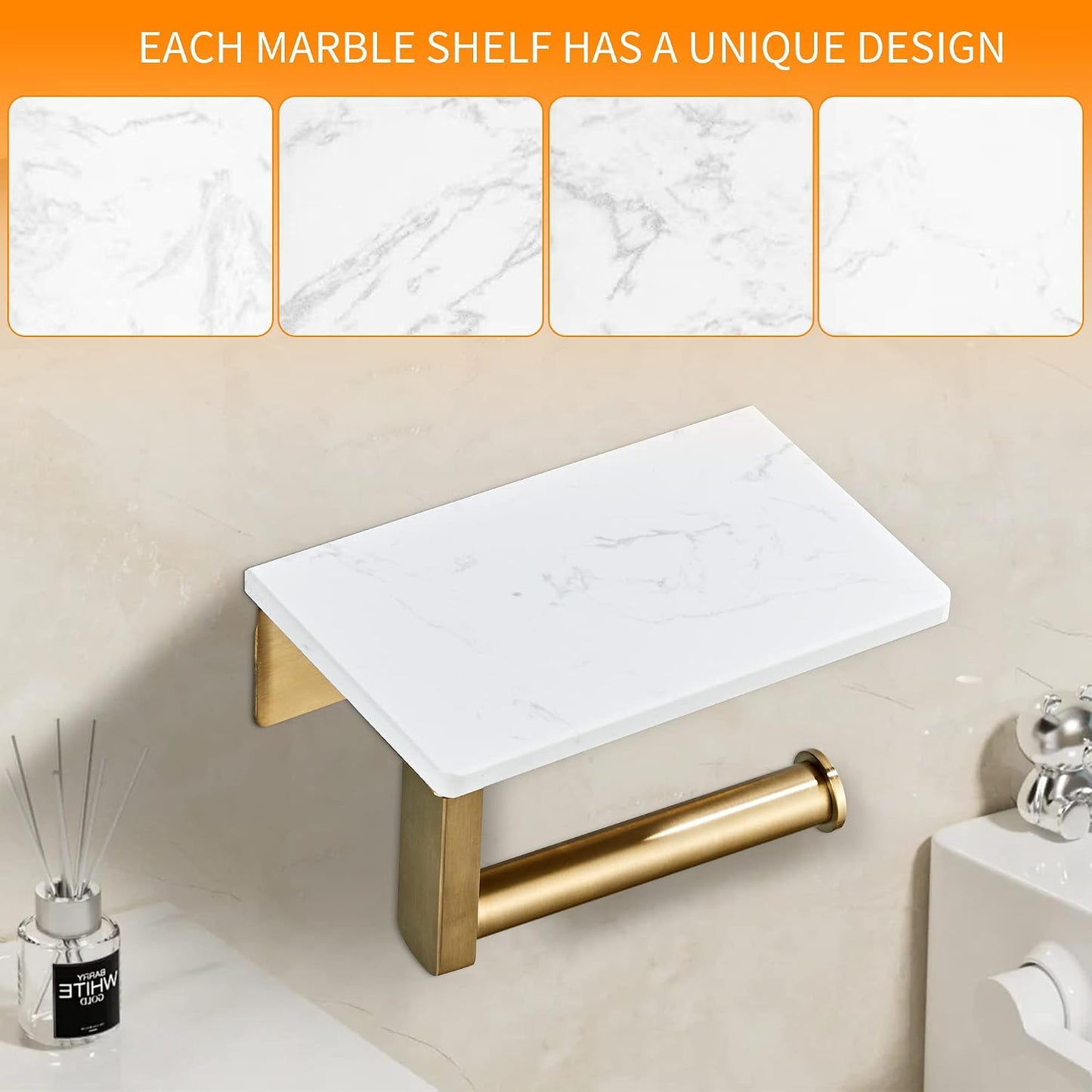 Brushed Gold Toilet Paper Holder with Marble-Look Shelf, Wall Mounted SUS304 Stainless Steel Toilet Roll Holder with