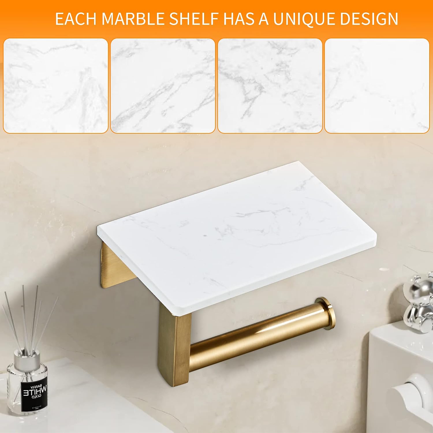 Brushed Gold Toilet Paper Holder with Marble-Look Shelf, Wall Mounted SUS304 Stainless Steel Toilet Roll Holder with