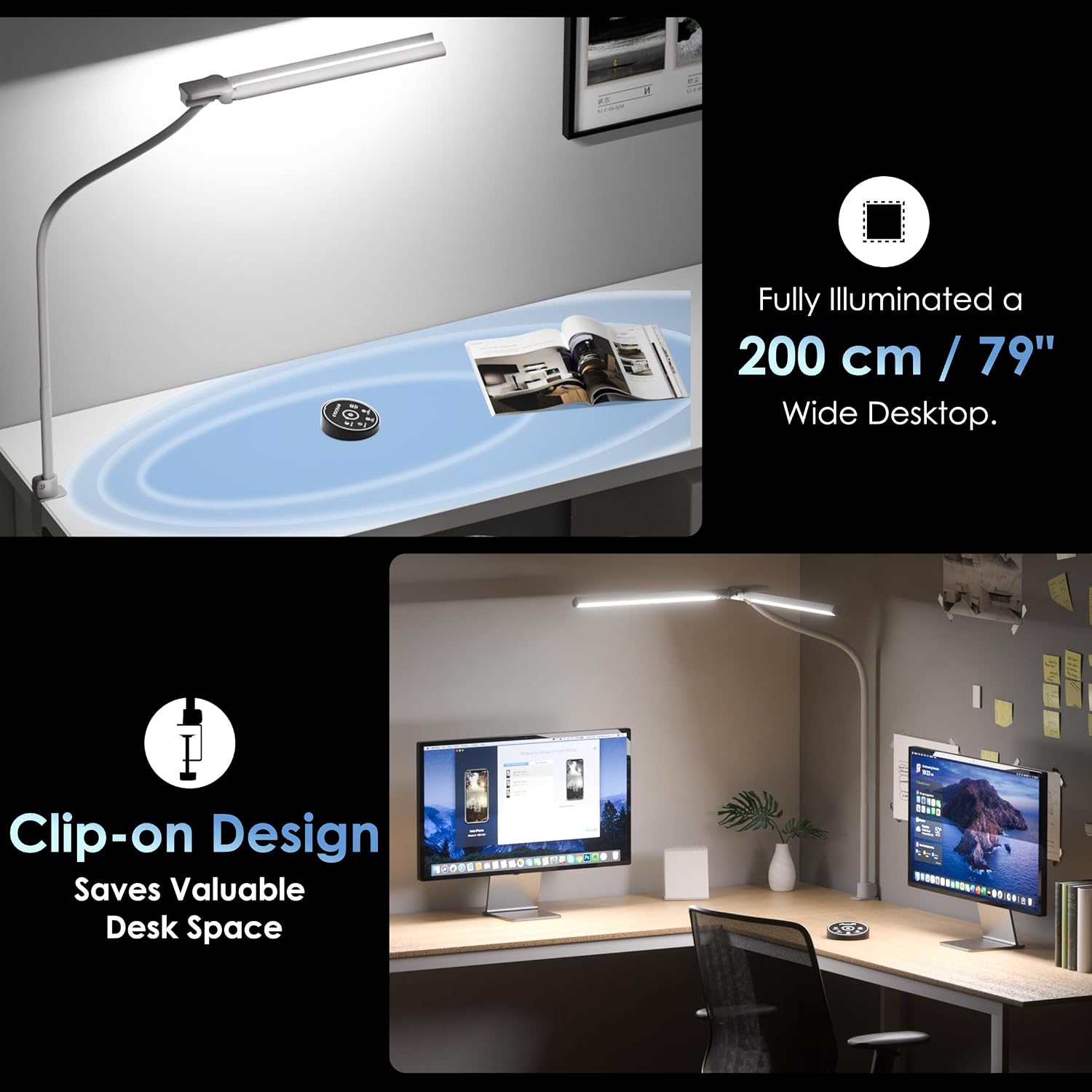EYOCEAN Desk Lamp with Clamp, 31.5" LED Desk Lamp for Home Office, 24W Double Head Desk Light, Dimmable & Color