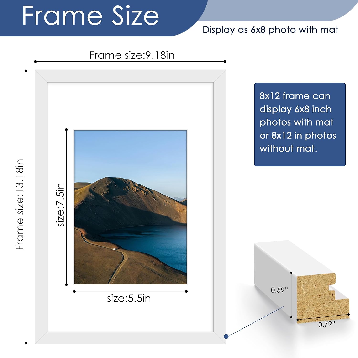 8x12 Picture Frame Set of 6, Wall or Tabletop Display, White | Display 6x8 with Mat or 8x12 Without Mat, Horizontal or