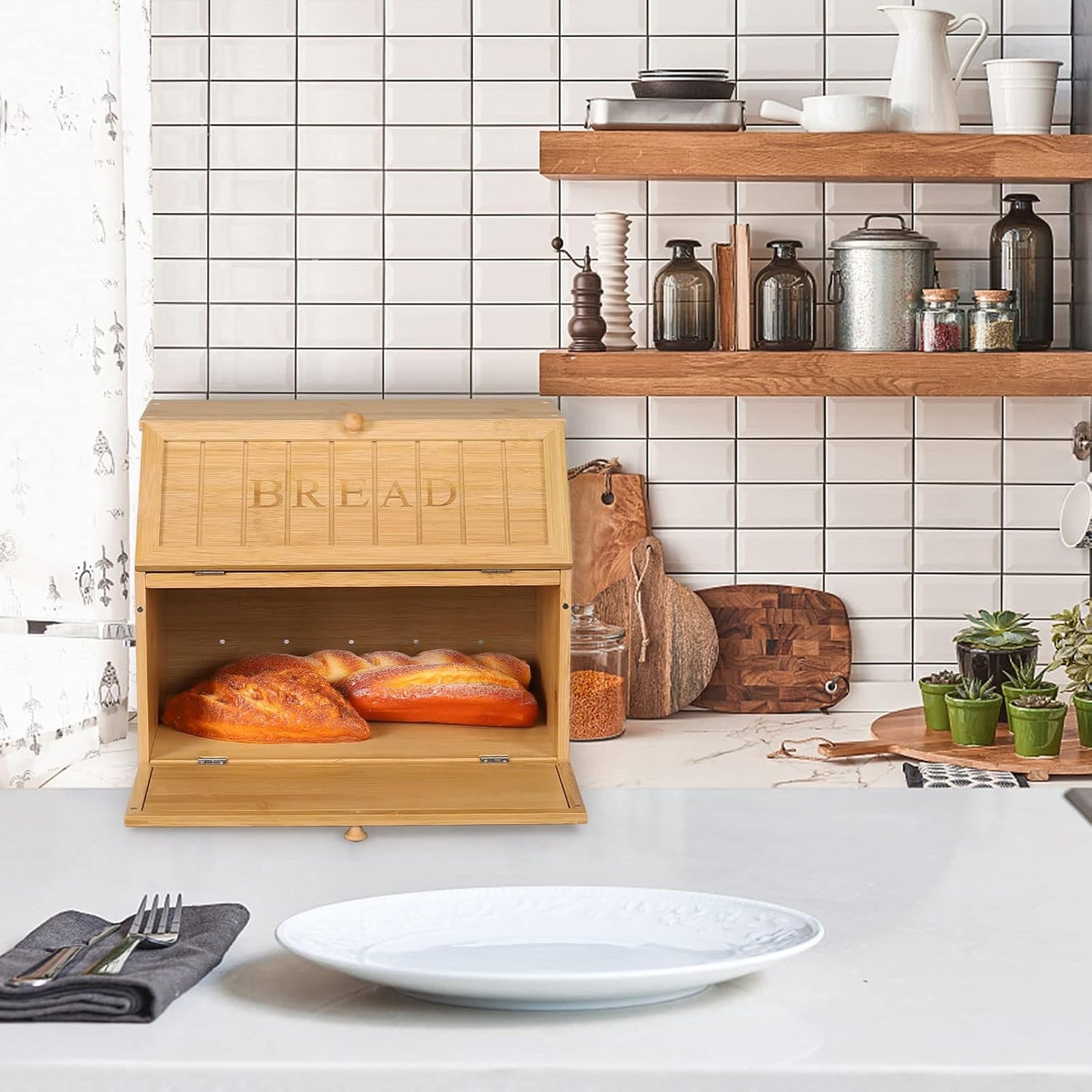 HOMEKOKO Vintage Double Layer Large Bread Box, Retro Design, Natural Bamboo | Keeps Bread Fresh 3-4 Days, 2-Tier