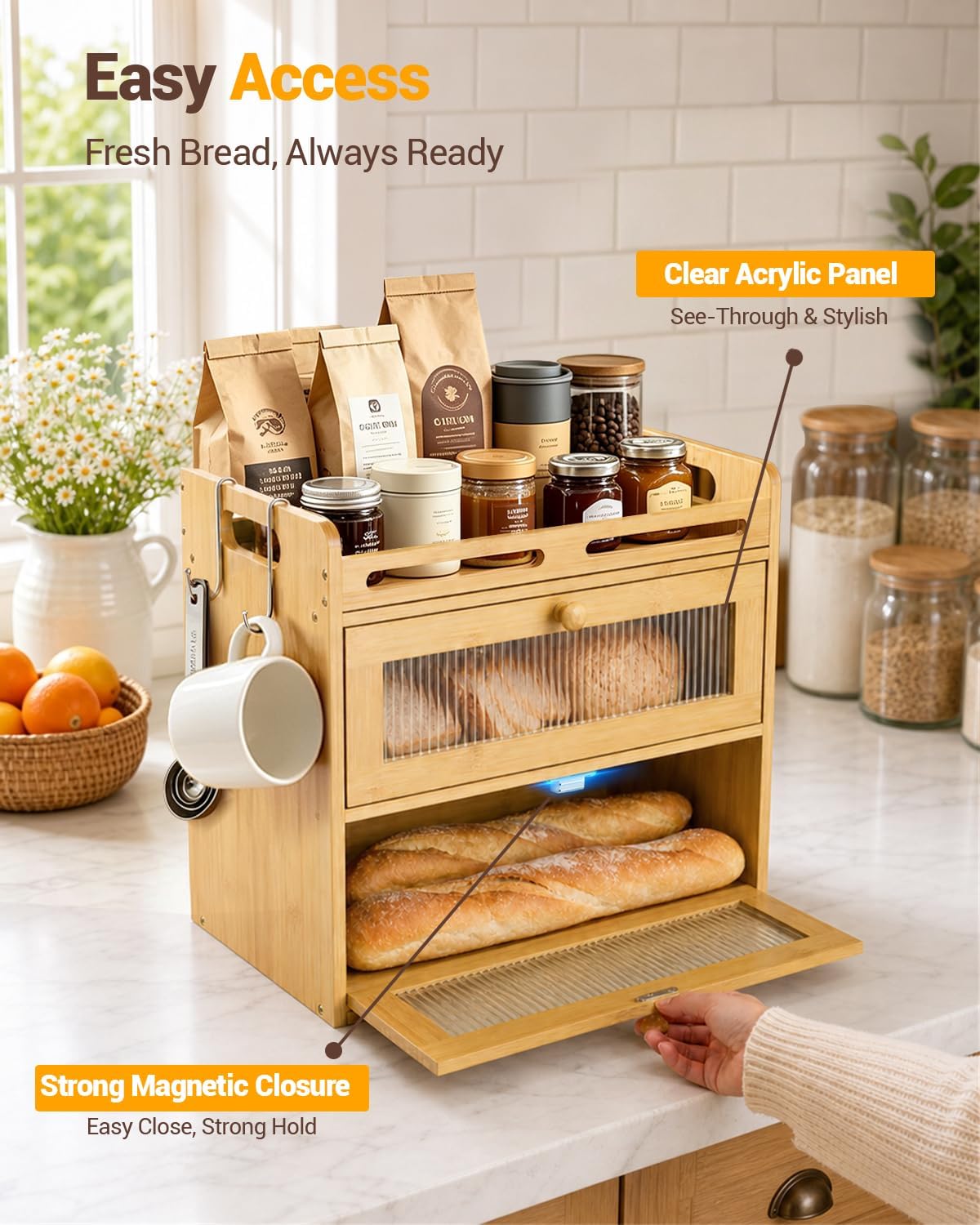 Bread Box for Kitchen Countertop, 2-Tier Bamboo Storage with Top Shelf | Large Capacity Bread Container, 2 Banana