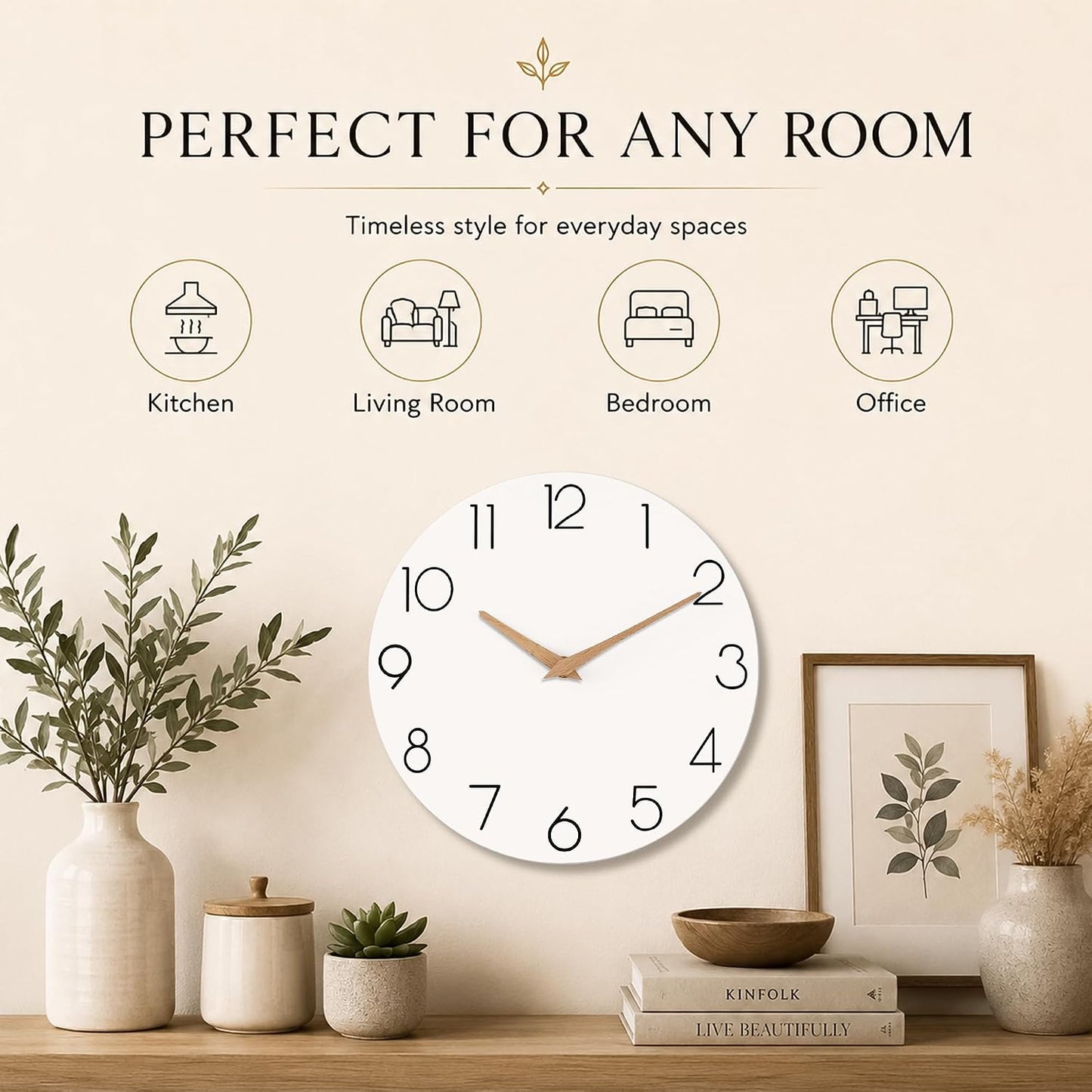 cicininc 10 Inch Battery Operated Wall Clock, Silent Analog, White | Living Room | Kitchen | Office | Bathroom | Modern