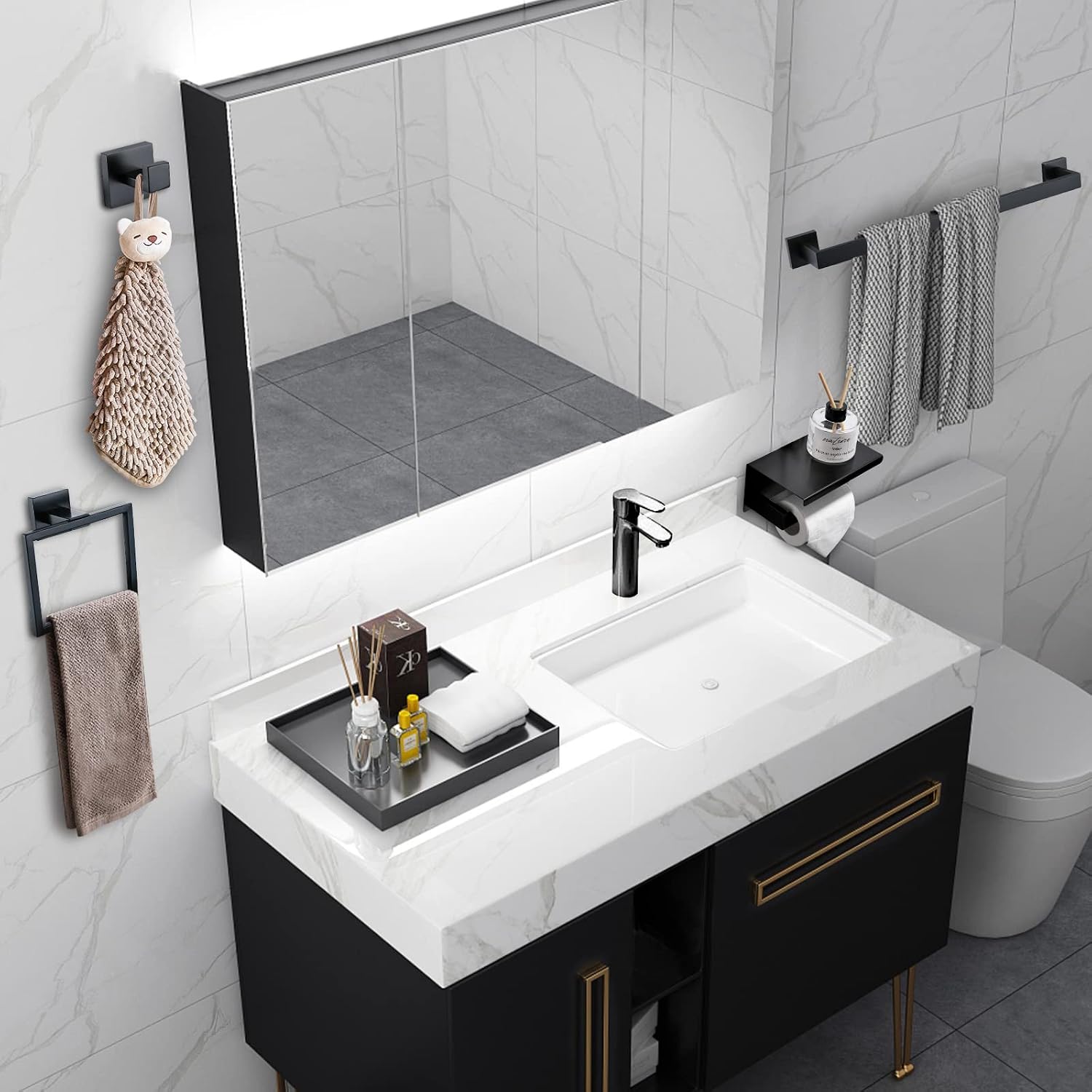 Bathroom Towel Bar Holder Sets Matte Black 4-Piece Bathroom Hardware Set Stainless Steel Bath Accessories Kit. Wall