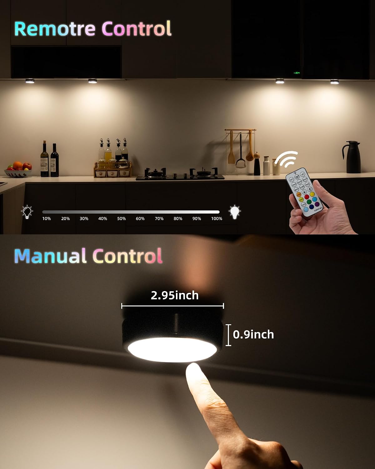 HOLKPOILOT Puck Lights with Remote, Under Cabinet Lights,2000mAh Battery Operated Closet Lights, Magnetic Under Cabinet