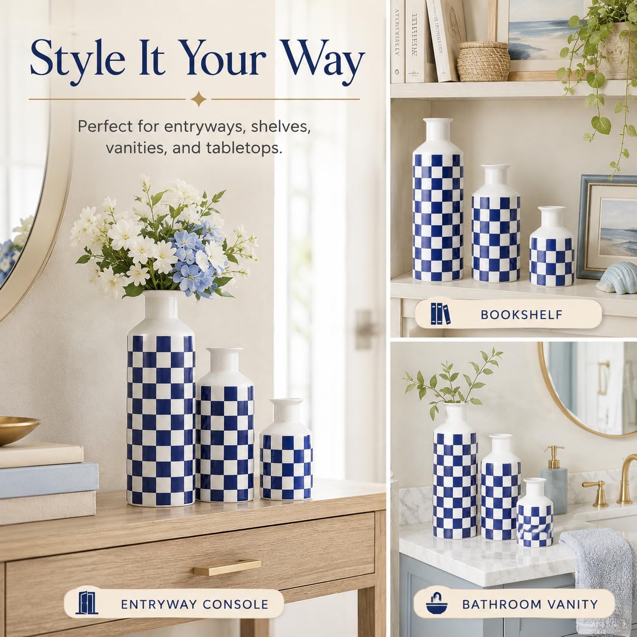 Black and White Ceramic Vase Set 3 / Blue