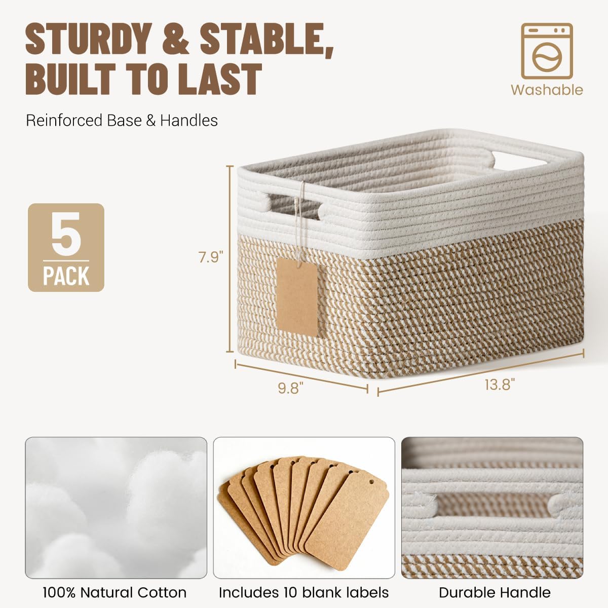 Woven Storage Baskets / Khaki & White / Set of 5