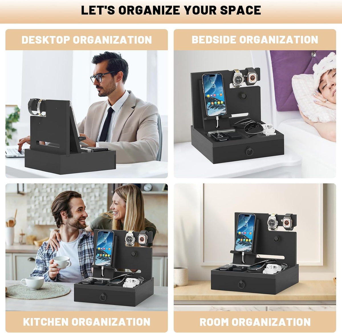 Wood Phone Docking Station, Nightstand Organizer with Drawer | Bedside Table Organizer for Watch & Accessories