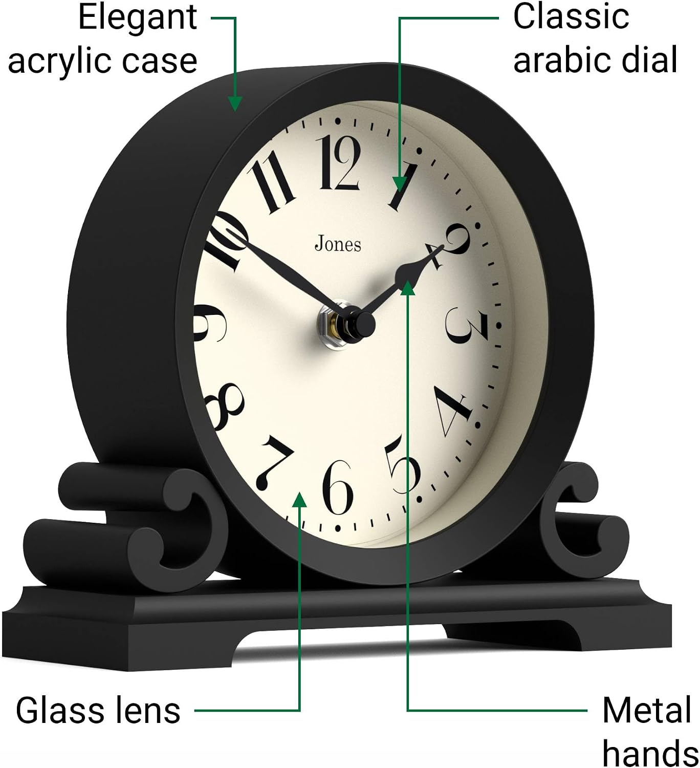 JONES CLOCKS® Saloon Mantel Clock | Small Traditional Double Scroll Design | Black | Contemporary Classic Style for