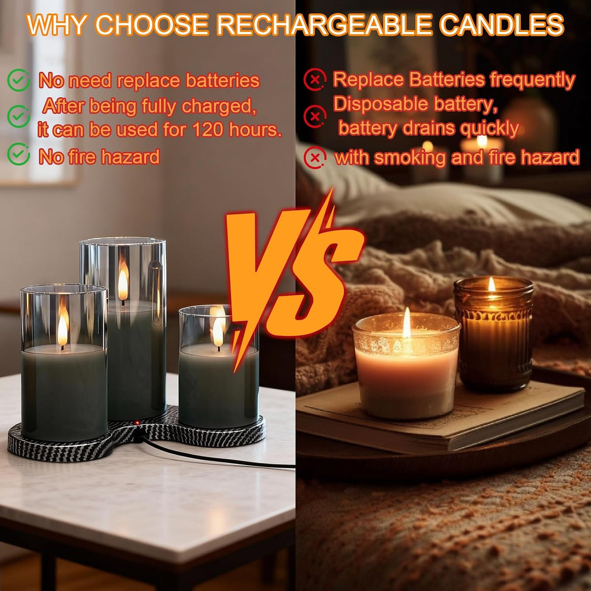 GenSwin Rechargeable Glass Flameless Candles with Remote Timer Black | Charging Base,Battery Operated Candles with 3D