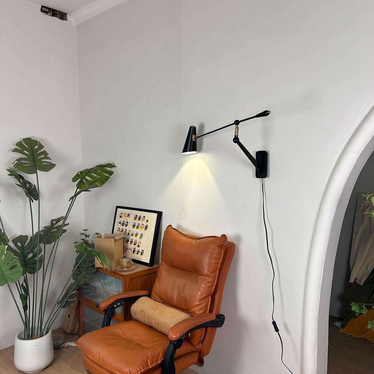 Adjustable Directional Plug in wall Light Swing arm, Unique Long Pole wall Lamps for Living Room Sofa Background Wall