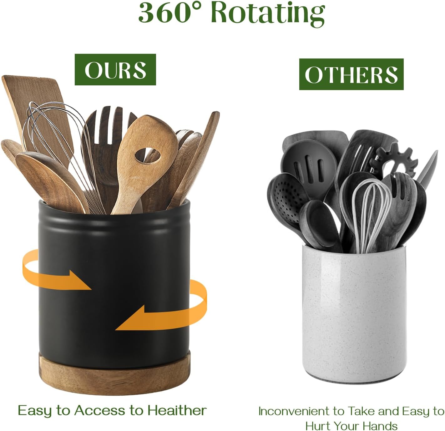 DOWAN 7.6" 360° Rotating Utensil Holder, Kitchen Utensil Holder for Countertop, Ceramic Utensil Crock, Large Cooking