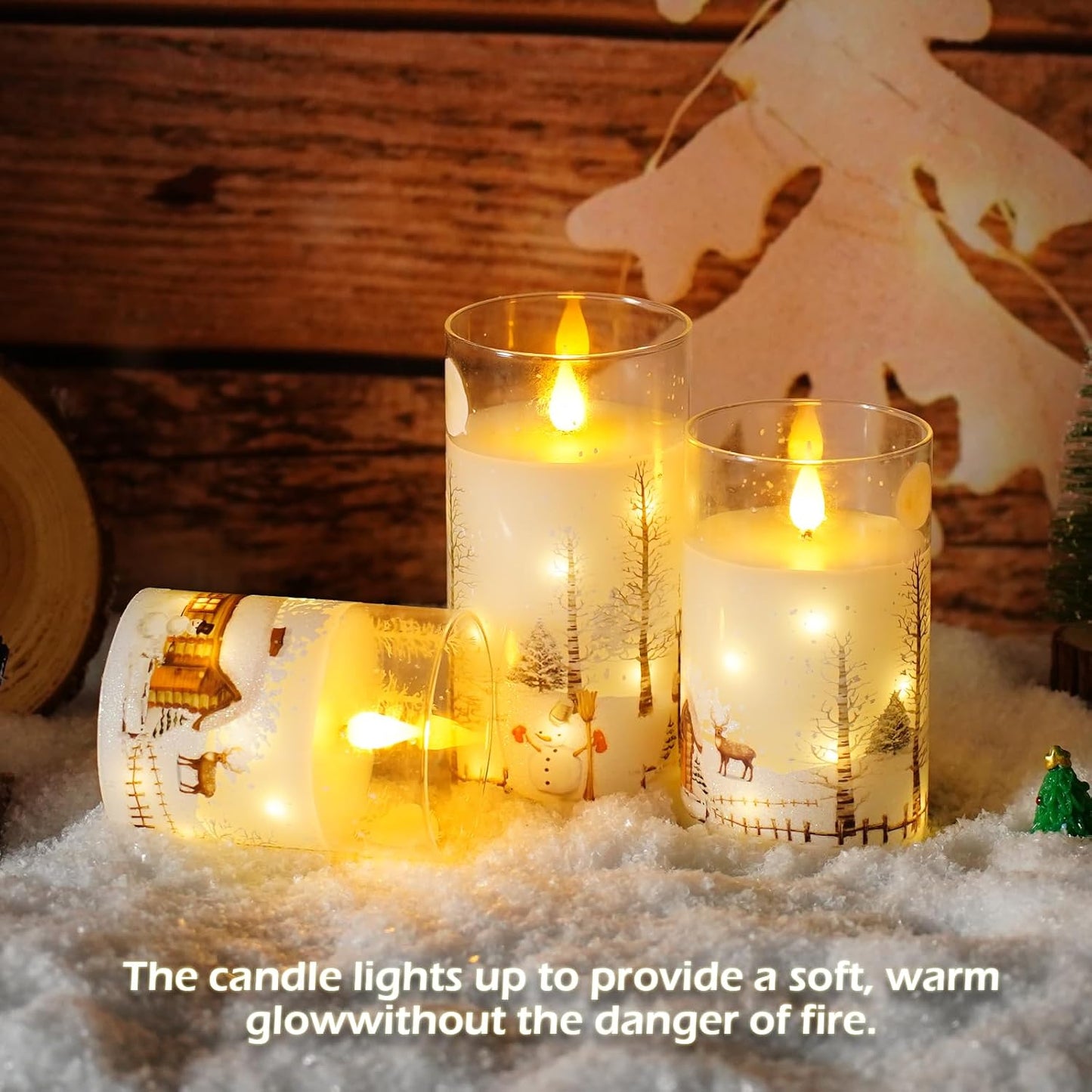 Christmas Flameless Candles with Remote - White LED Candles & String Lights, with Glass casing Battery Operated Set of