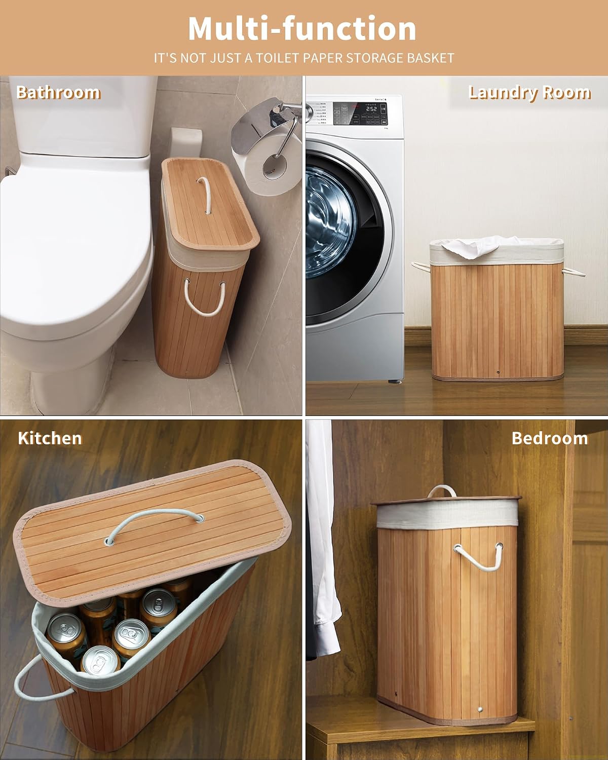 Bamboo Toilet Paper Storage with Lid & Handel, 8 Gallons (30L), Sturdy Toilet Paper Basket, Organizer for Bathroom