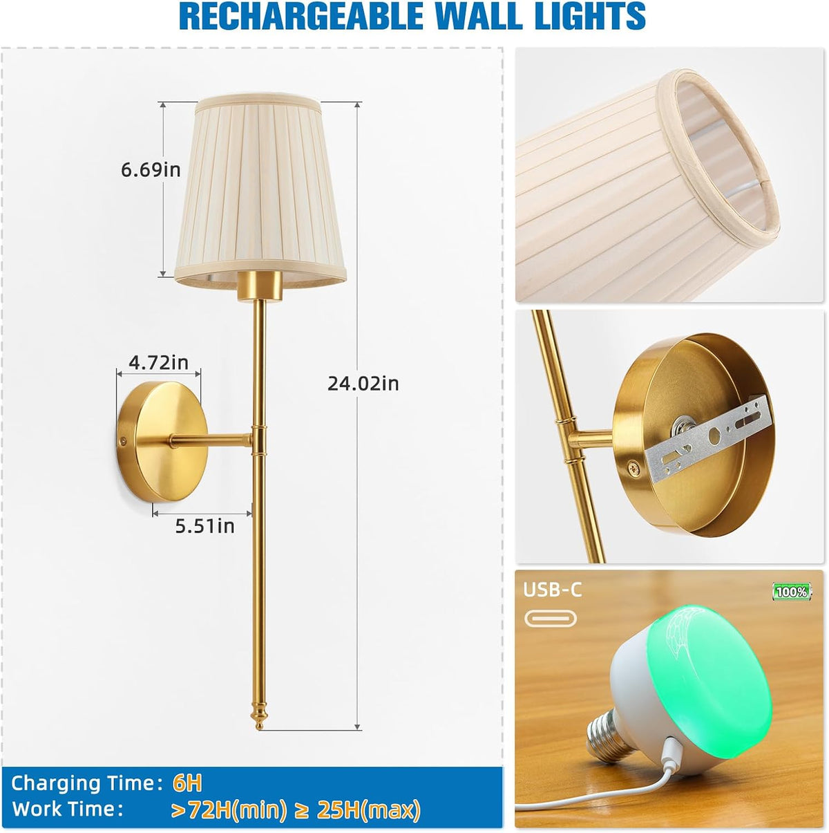 Battery Operated Wall Sconce Set of 2,Beige-Gold Rechargeable Wall Lights with 10400mAh Dimmable Bulbs and Remote, 9
