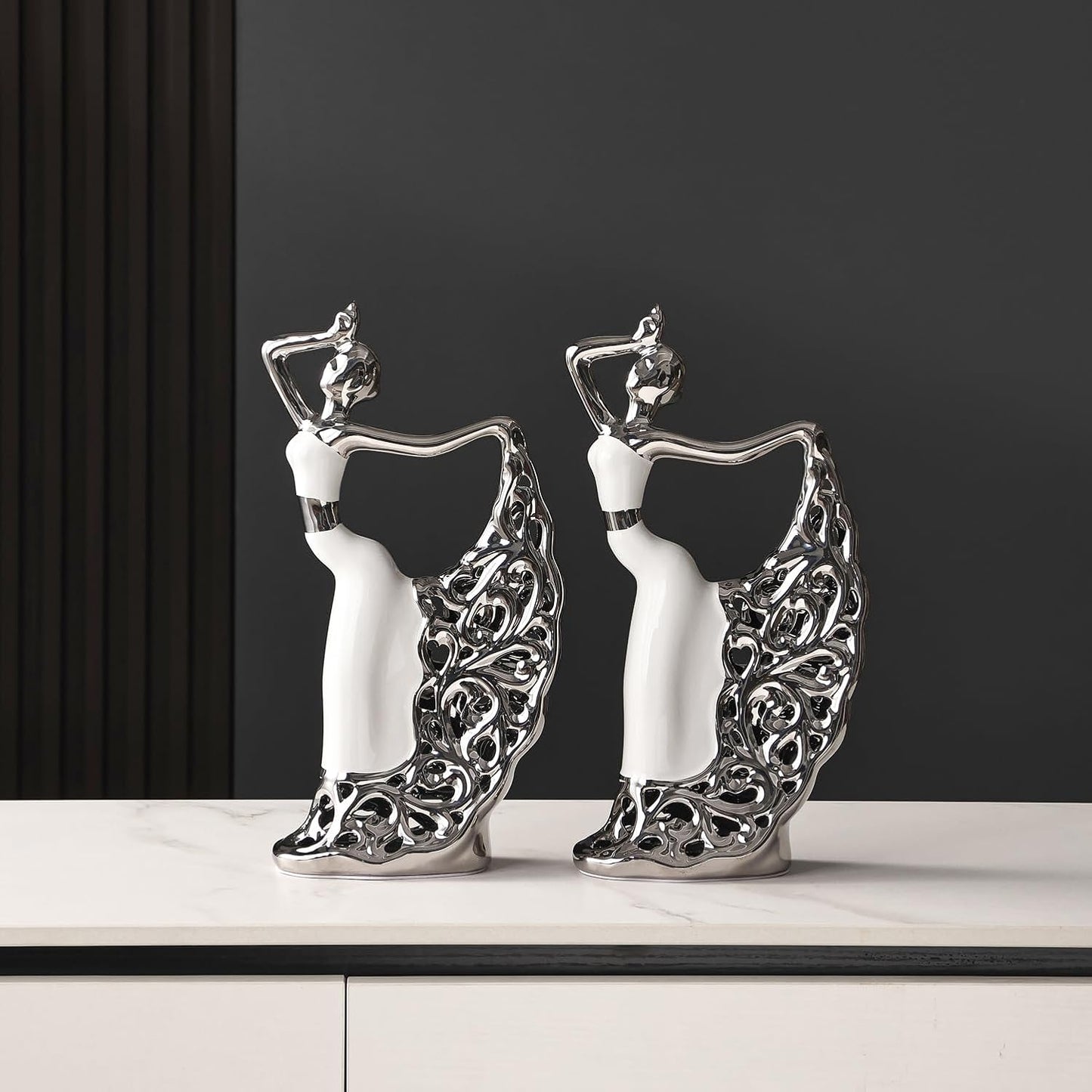 Ceramic Statues Home Decor / White and Silver / Set of 2