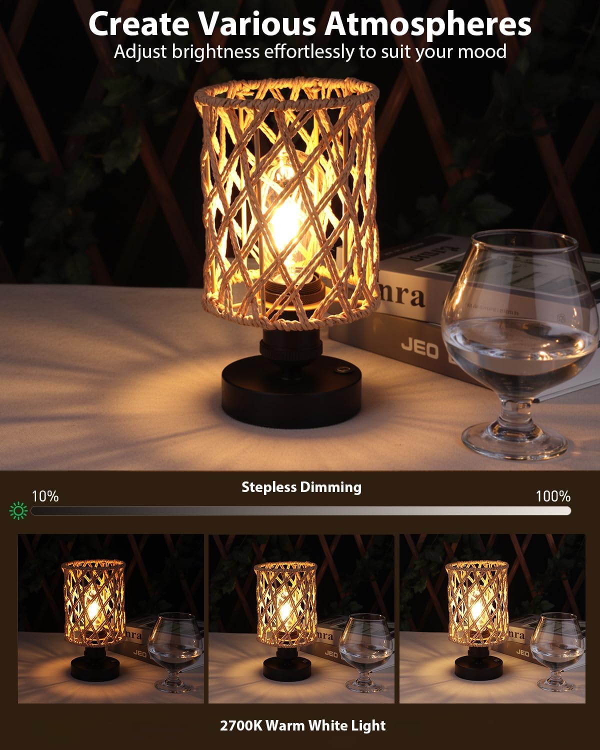Cordless Outdoor Table Lamps, Small Rattan Boho, Rechargeable Battery Operated for Outdoor Patio, Home, Living Room