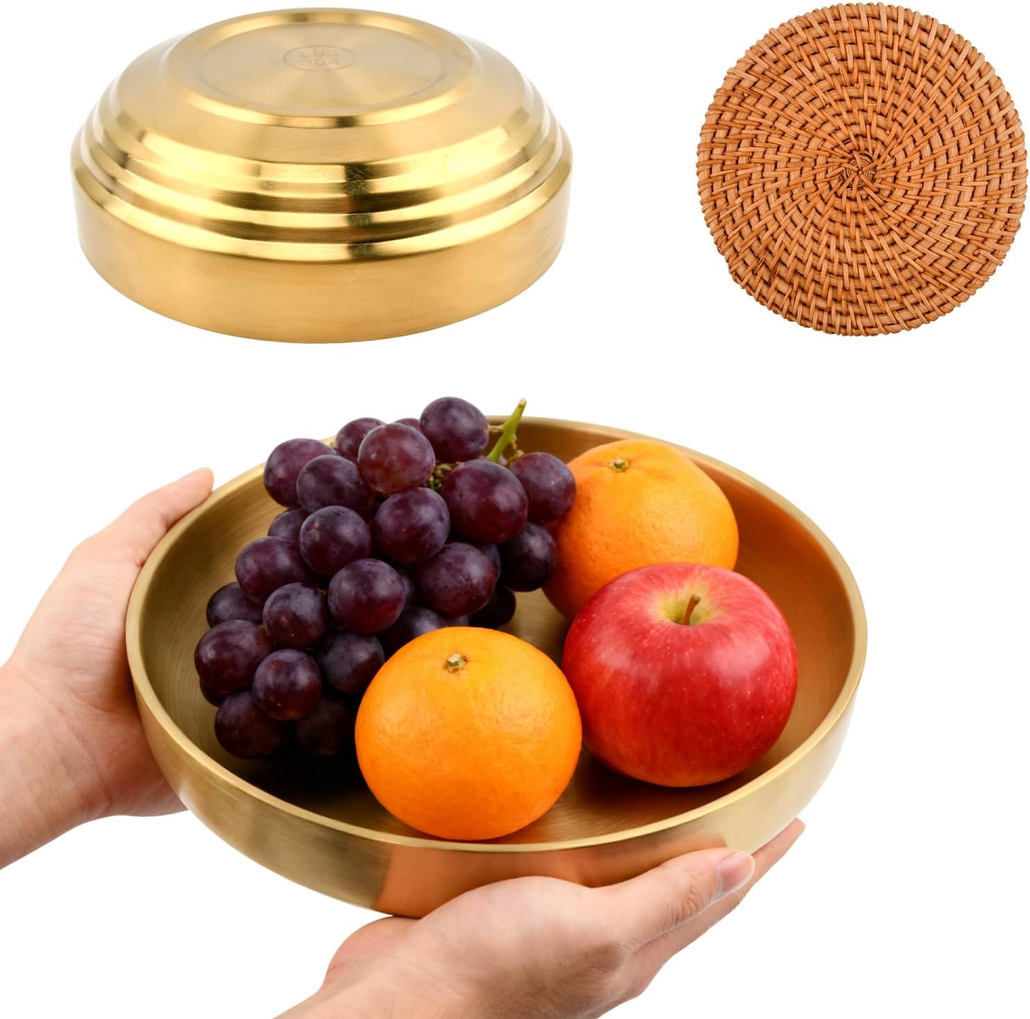 w/Rattan Coaster / 7.4inch Gold Key Bowl, Rattan Coaster / 7.4 Inch