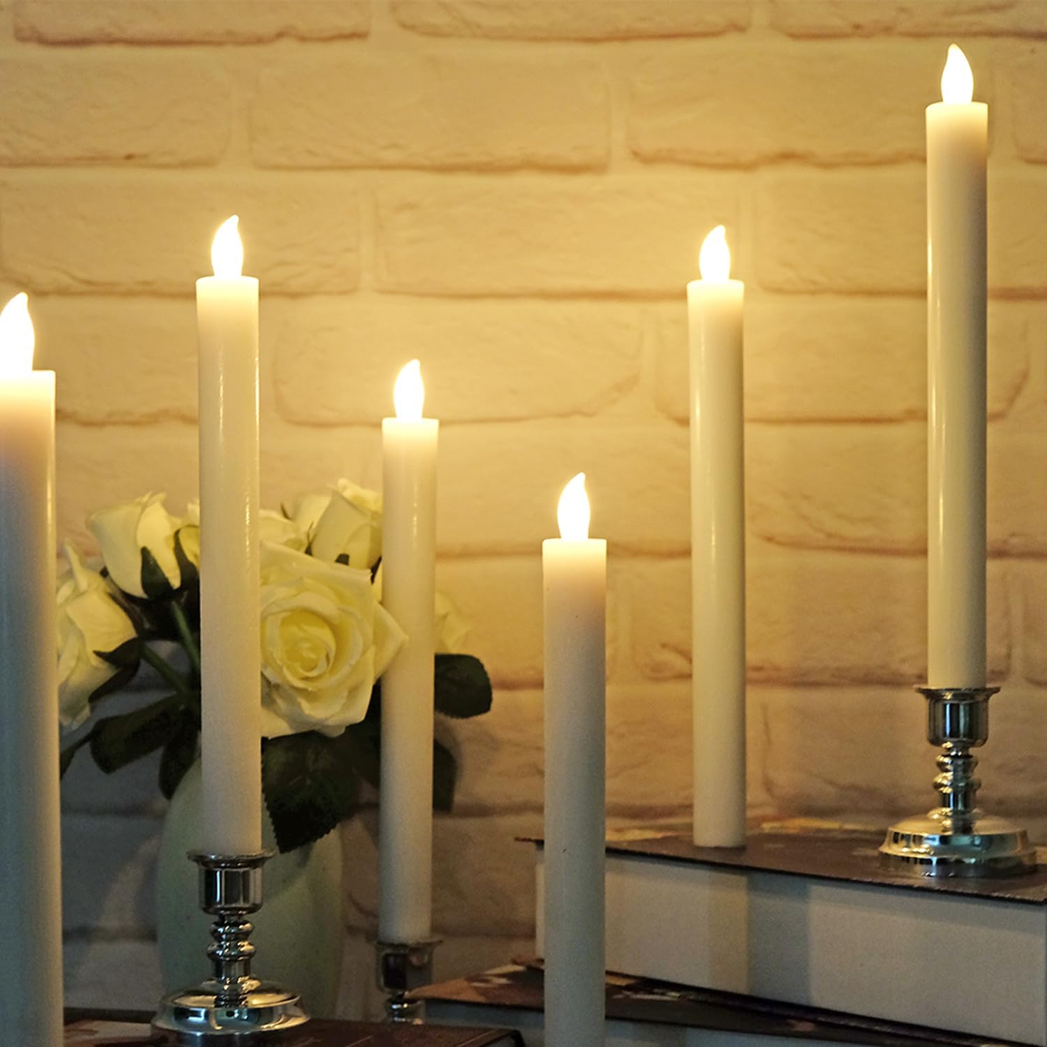White Flameless Window Taper Candles Battery Operated Remote Timer | Real Wax Long Lasting, Dimmable Warm Light, Silver